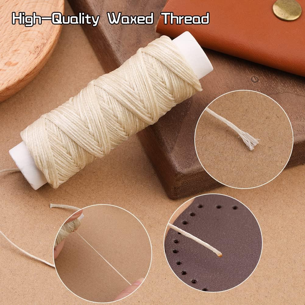 Ftyiwu Waxed Thread with Leather Hand Sewing Needles 32 Yards, 150D Flat Sewing Waxed Thread, and Leather Repair Needles for Home Upholstery Carpet Canvas Repair (Beige)