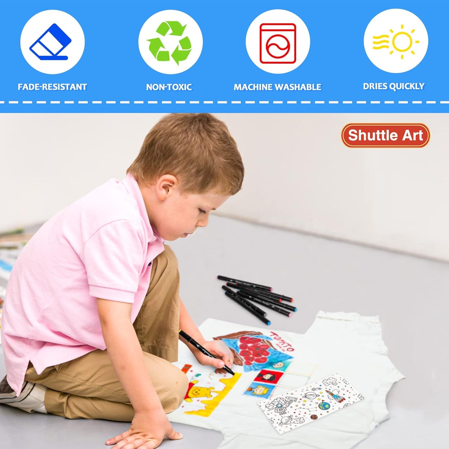 Shuttle Art Dual Tip Fabric Markers, 30 Colors Permanent No Bleed Pens for T-Shirts Sneakers, Non-Toxic & Child Safe for Kids Adult Painting Writing