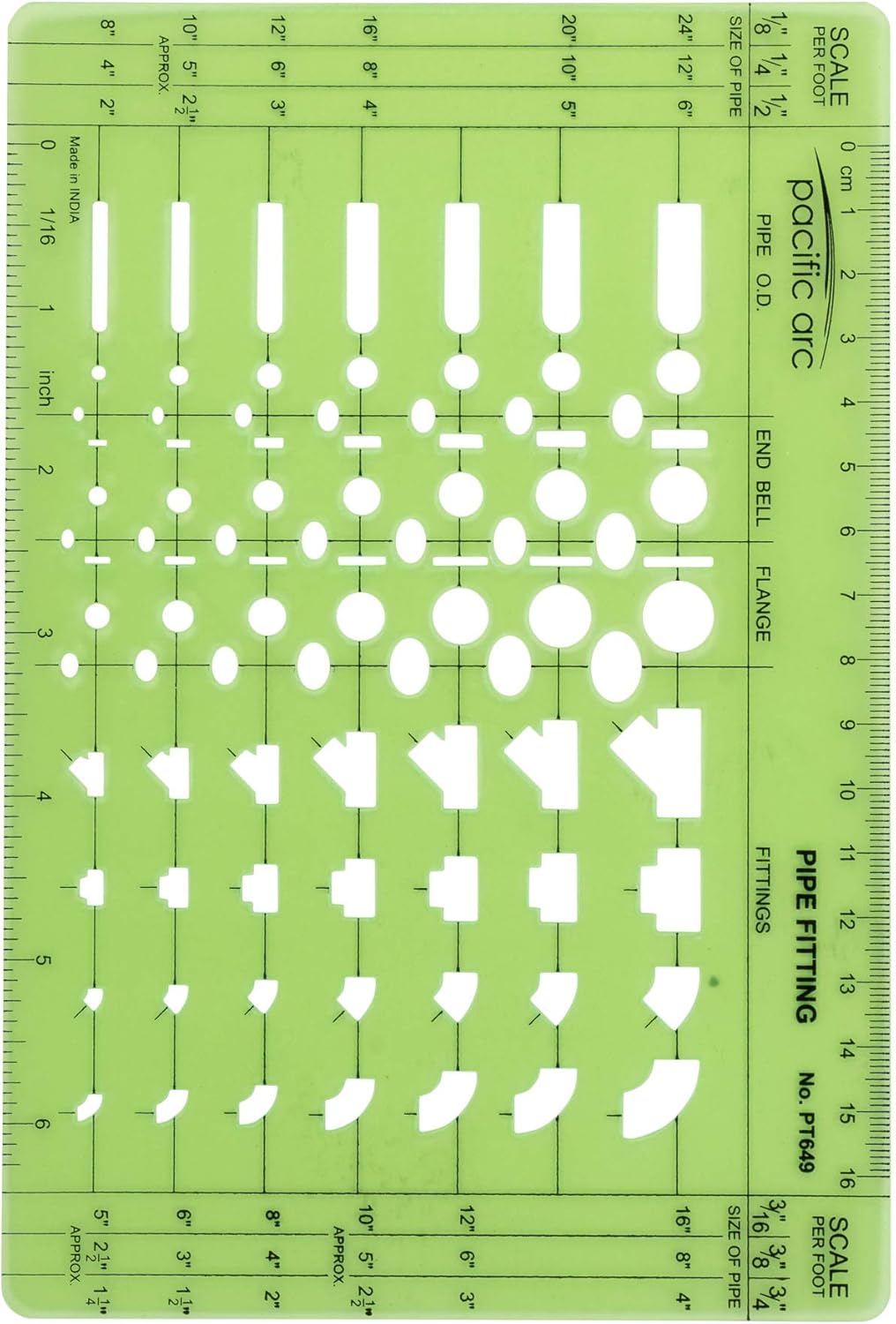 Pacific Arc Pipe Fitting Template Guide, with Pipe O.D., End Bell, Flange, and Fittings