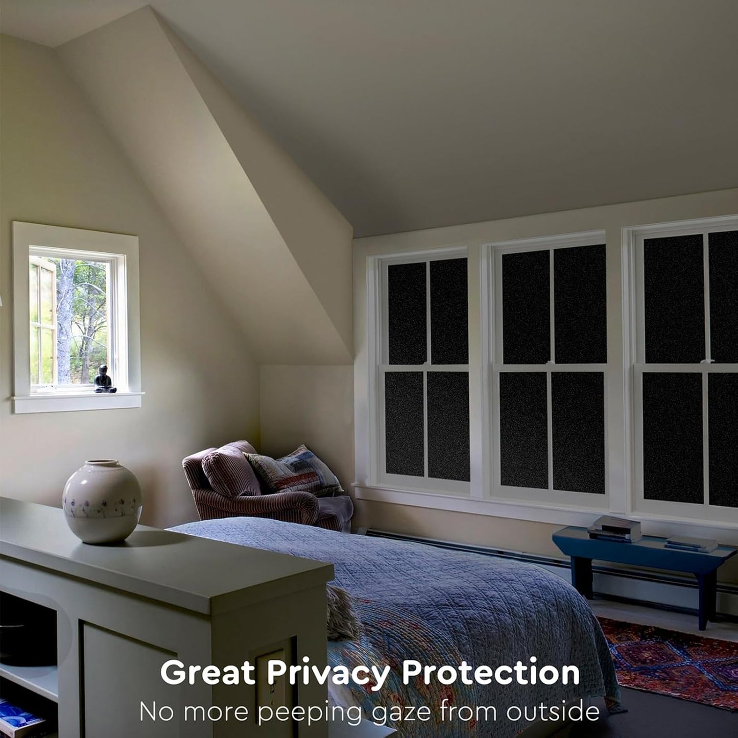 Kromapolis Blackout Window Privacy Film Total Light Blocking Room Darkening Window Covering, Removable Static Cling Frosted Glass Tint, Non-Adhesive, Black 45.2'' x 157.4''