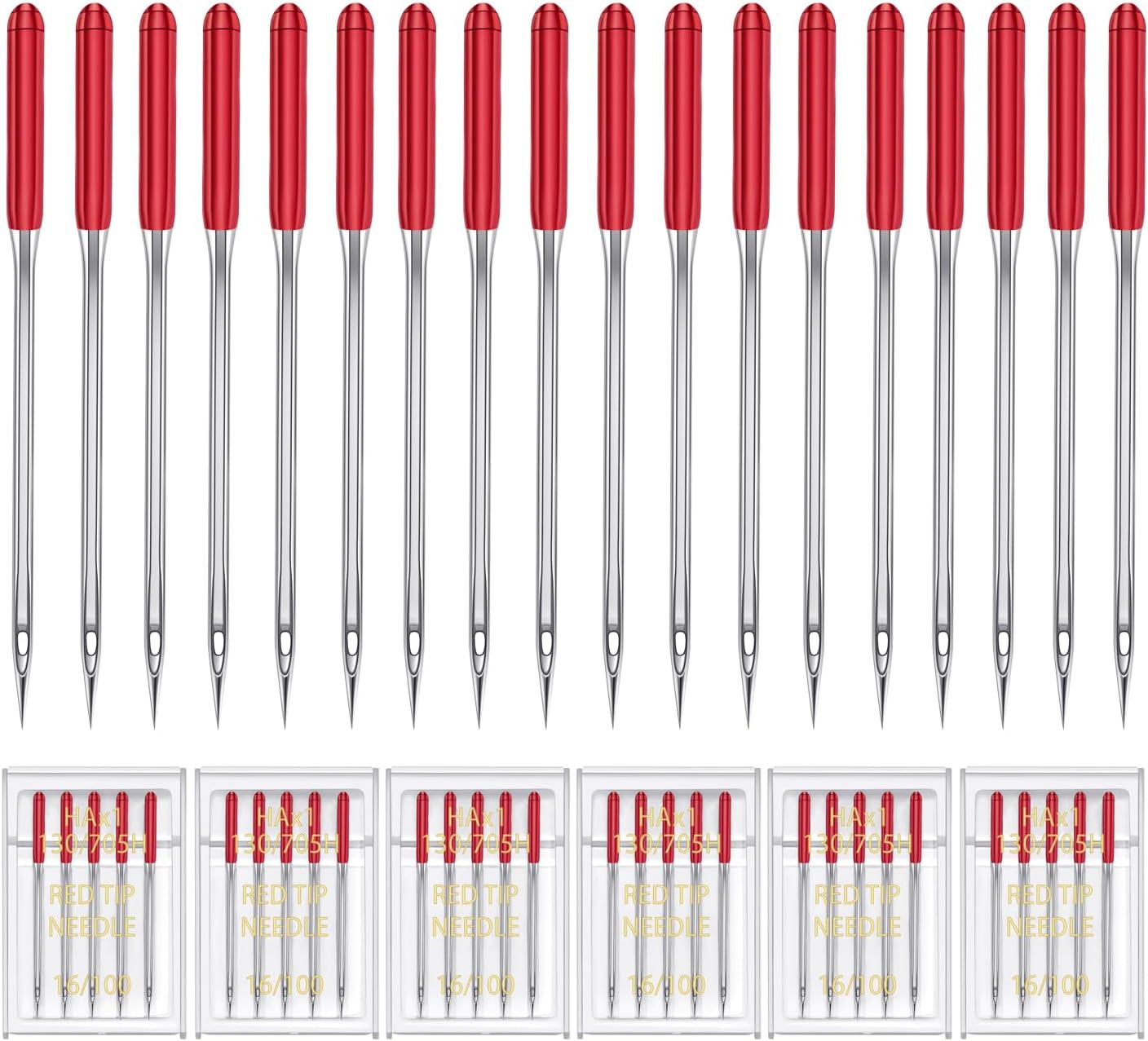 HONEYSEW 30 Pieces Sewing Machine Needles HAX1 130/705H Universal Regular Point Flat Shank Sewing Needle Compatible with Singer, Brother,Janome,Pfaff and Other Brand (Red Size 16-30PCS)