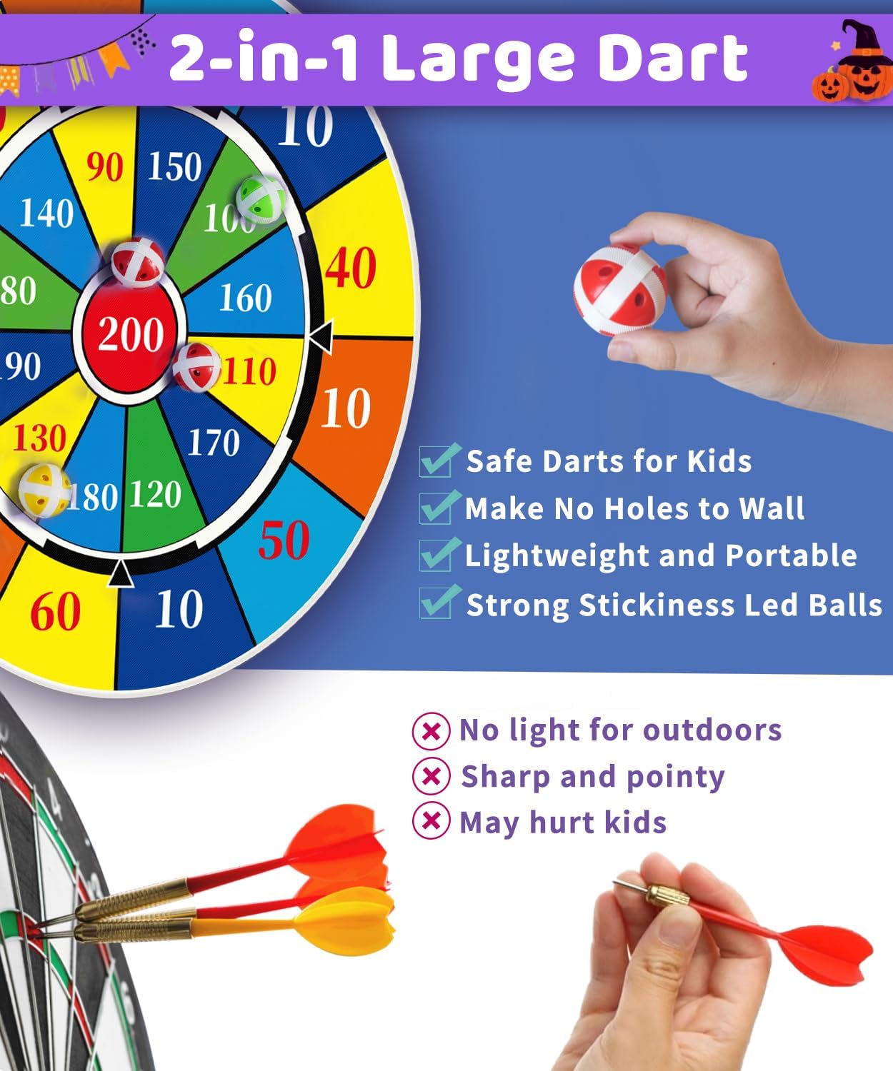 2 in 1 29" Large LED Dart Board for Kids 8-12 Games with 12 LED Sticky Balls, Indoor & Outdoor Games for Kids 8-12, APP Control Board Games for Kids