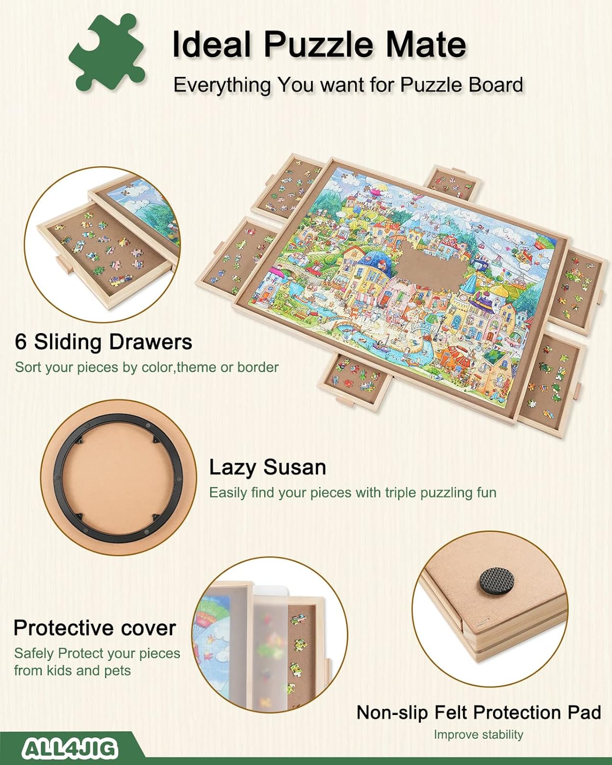 ALL4JIG 2000 Pieces Rotating Puzzle Board with 6 Drawers and Cover,28"x40"Portable Wooden Jigsaw Puzzle Table for Adults,Lazy Susan Spinning Puzzle Boards Birthday Gift for mom
