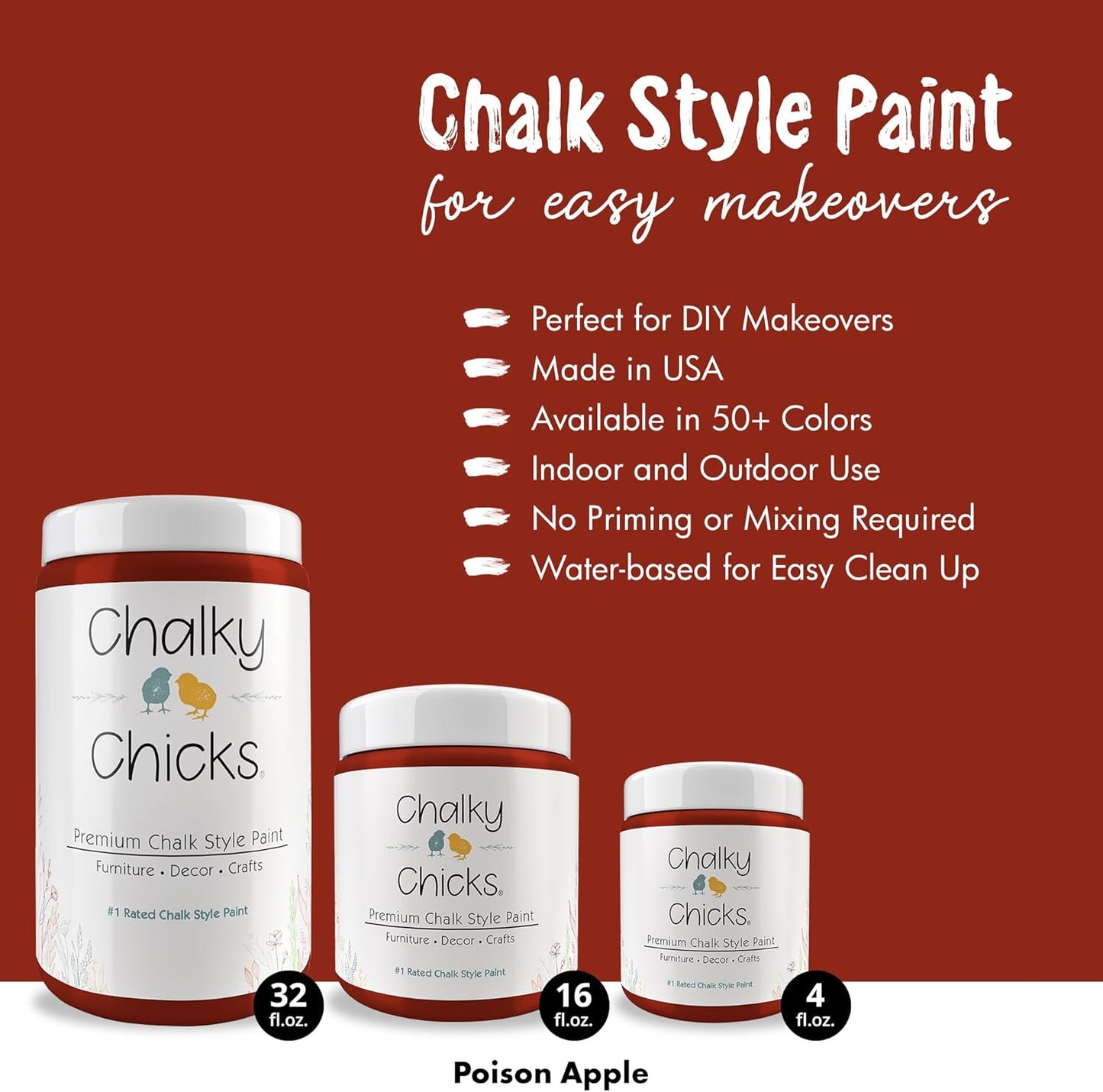 Chalky Chicks All-in-One Chalk Paint for Furniture or Cabinet -32 Fl Oz - Matte Finish Poison Apple (Dark Red) for Metal, Wood Furniture Paint - No Sanding All-in-One for Home Decor & Crafts, USA Made