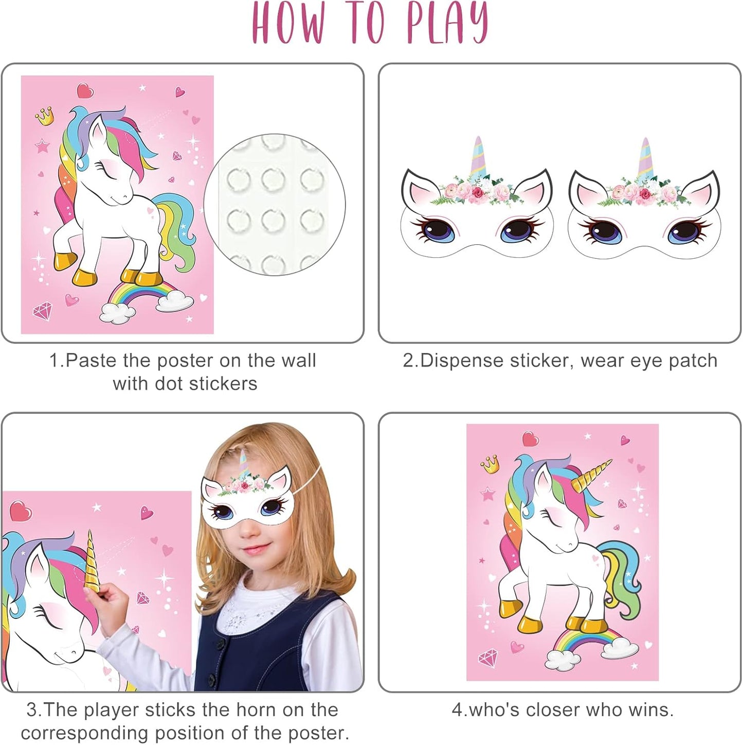 ASTARON Pin The Horn on The Unicorn Birthday Party Game with 30 Horns for Unicorn Party Supplies Favors Girls Rainbow Party Decorations, Pin The Tail Game for Christmas