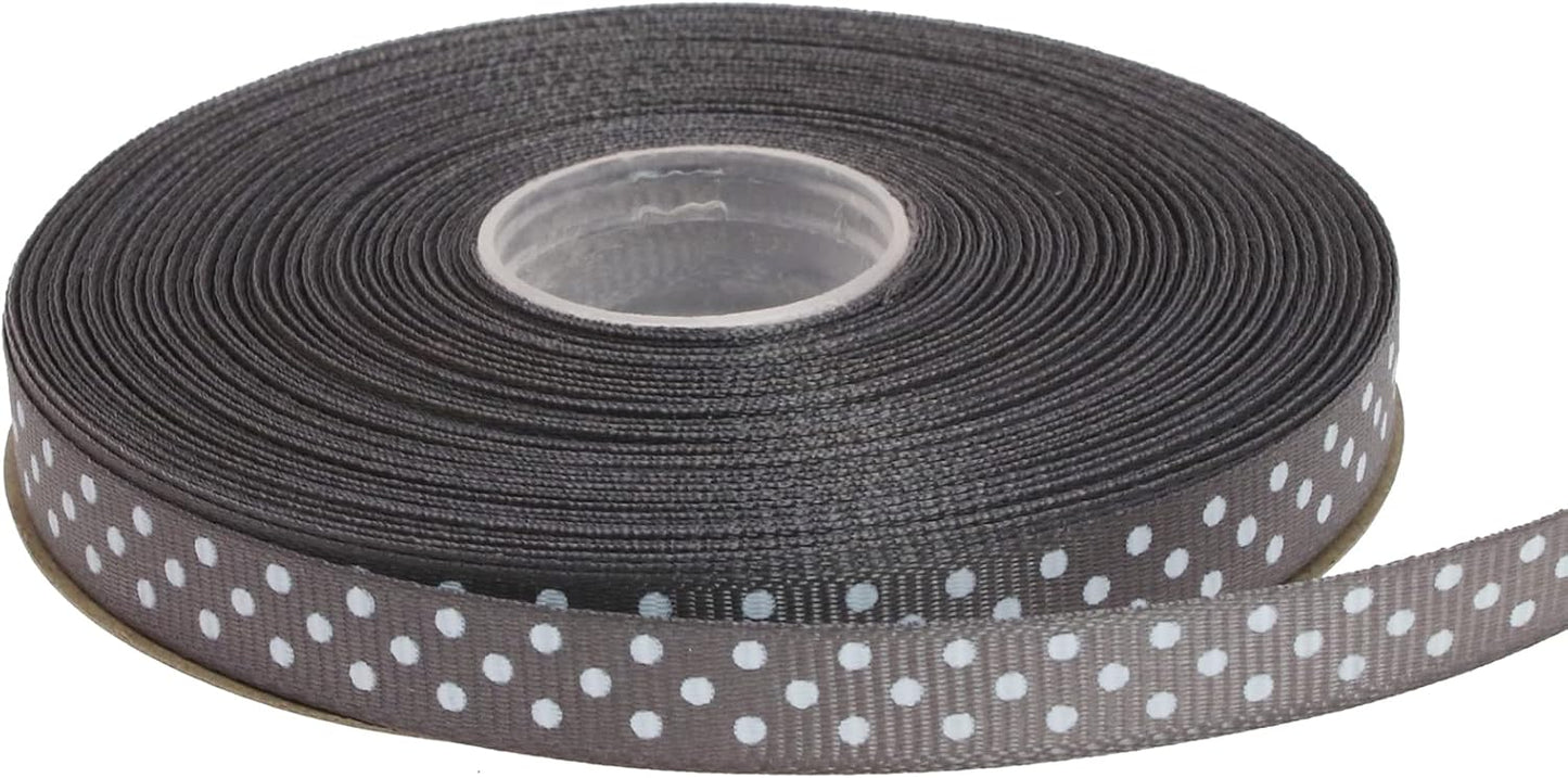 Polka Dot Grosgrain Ribbon 25 Yard Each Roll 100% Polyester (3/8", Gray)