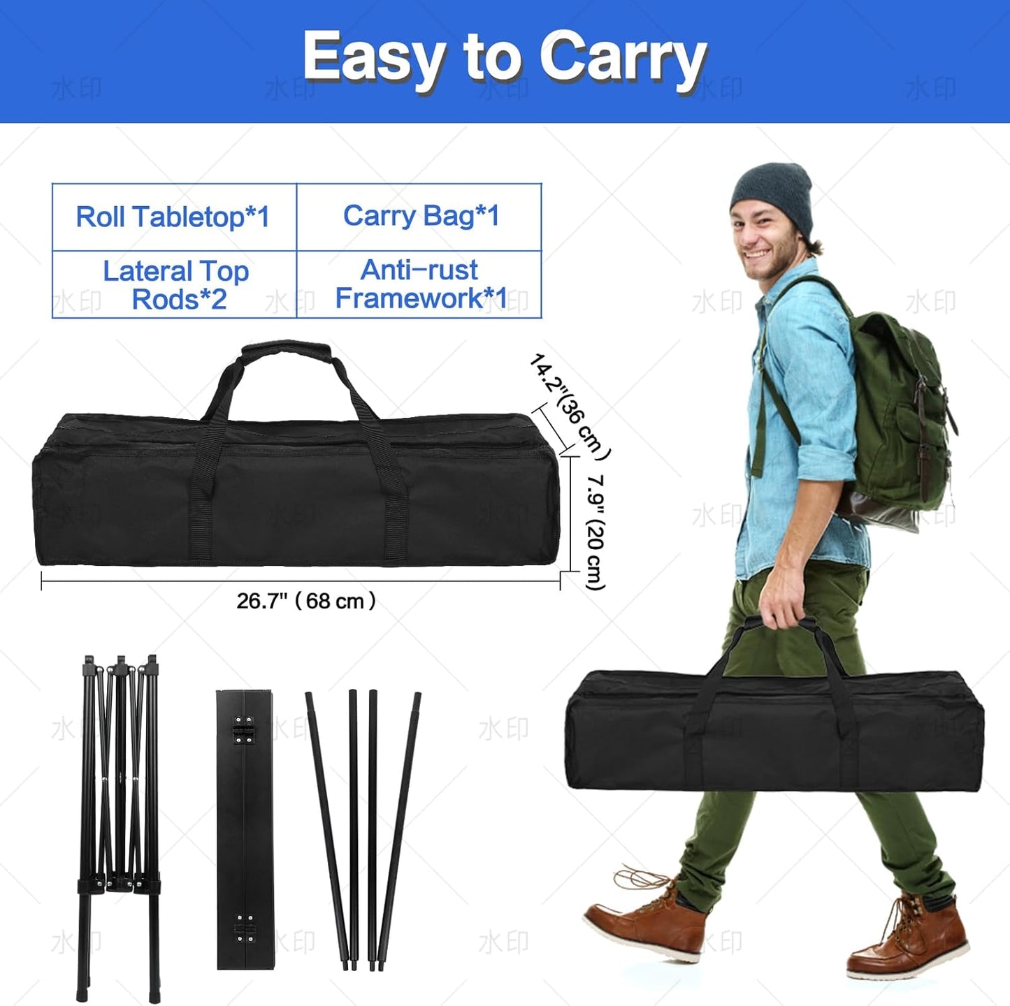 Camping Table 4Ft Folding Table Folding Picnic Aluminum Roll up Camp for Outdoor Beach Grill BBQ Travel Black