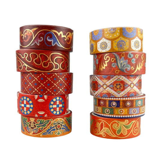 Washi Tape Set 10 Rolls, Chinoiserie Gold Foil Decorative Paper Sticker for Planner Scrapbook Journal DIY Arts Craft (Ancient Red)