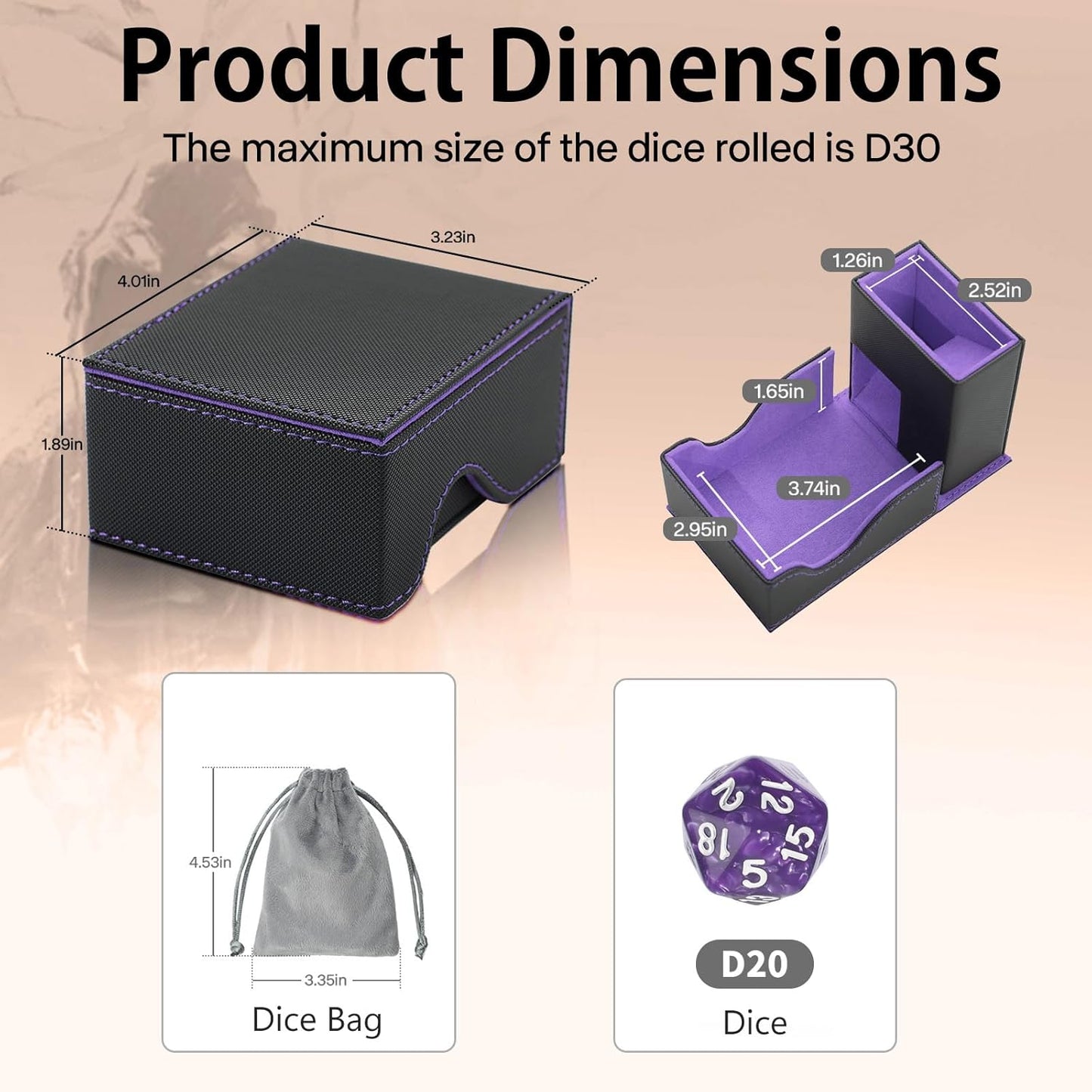 Dice Tower and Tray, Portable Commander Deck Box, Foldable Dice Storage Box for Dungeons and Dragons Rolling Tray Black/Violet