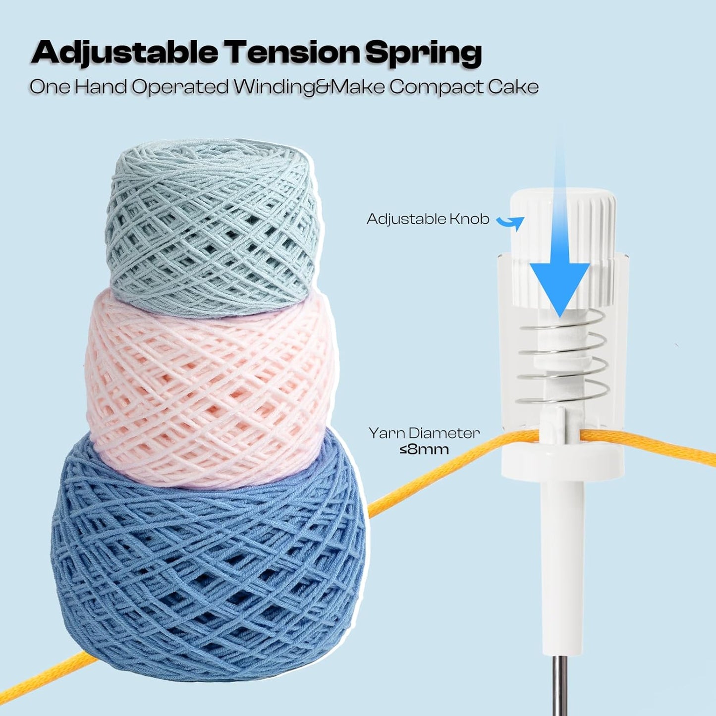 Caydo Yarn Winder with Tension Spring, One Hand Operated Winder, 4-7oz Efficiently Compact Cake Roller for Crocheting, Portable Ball Spinner for Crocheters&Knitters, Good Helper for Craft Lovers(Blue)