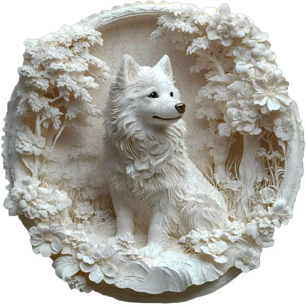 Wooden Puzzles Adults, 3D Samoyed Dog Wooden Puzzles 200 Pieces, Unique Animal Shaped Wood Challenging Jigsaw Puzzles Gifts for Adults, 11.4x11.1in
