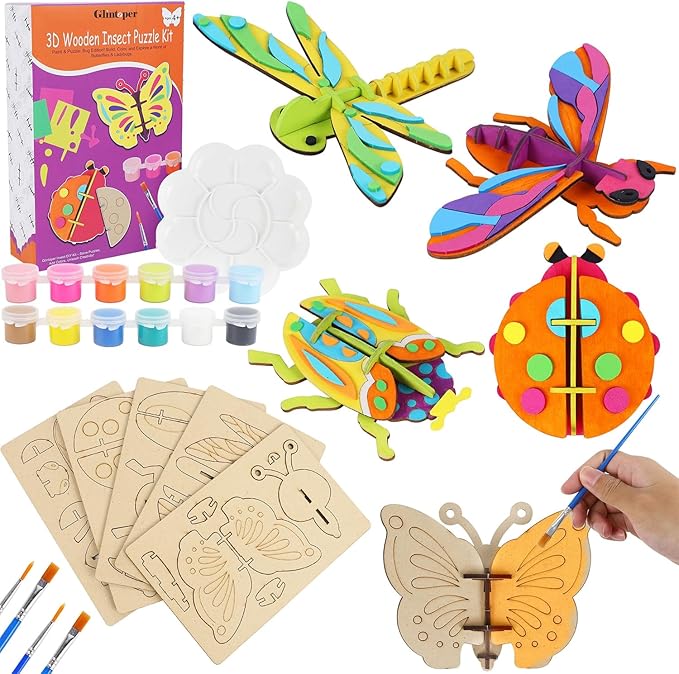 Glintoper Wooden Insect Crafts Painting Kit for Kids Boys Girls, 5 Piece Set DIY 3D Insect Puzzle with Brushes & Paint Decorate Your Own Painting Gift for Christmas Easter Birthday Party Favors