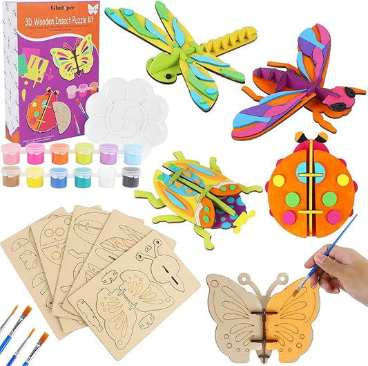 Glintoper Wooden Insect Crafts Painting Kit for Kids Boys Girls, 5 Piece Set DIY 3D Insect Puzzle with Brushes & Paint Decorate Your Own Painting Gift for Christmas Easter Birthday Party Favors