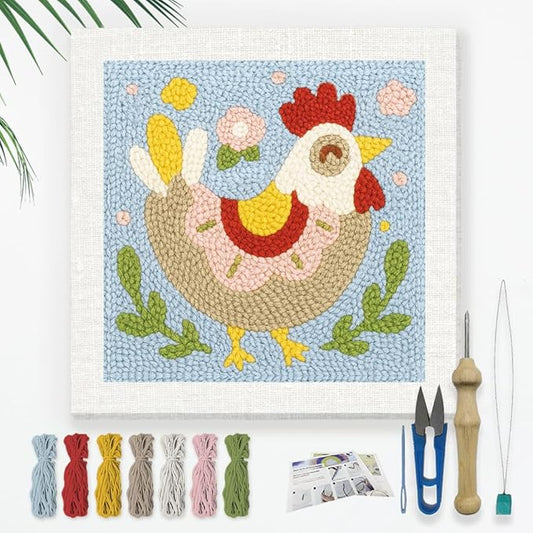 Doodlream Cute Chickens DIY Punch Needle Embroidery Kit for Adult Beginner, 9.4" Rooster Animal Punch Stitching Craft Set for Starter with Frame, Fabric Pattern, Threader, Yarn, Pinch Needle
