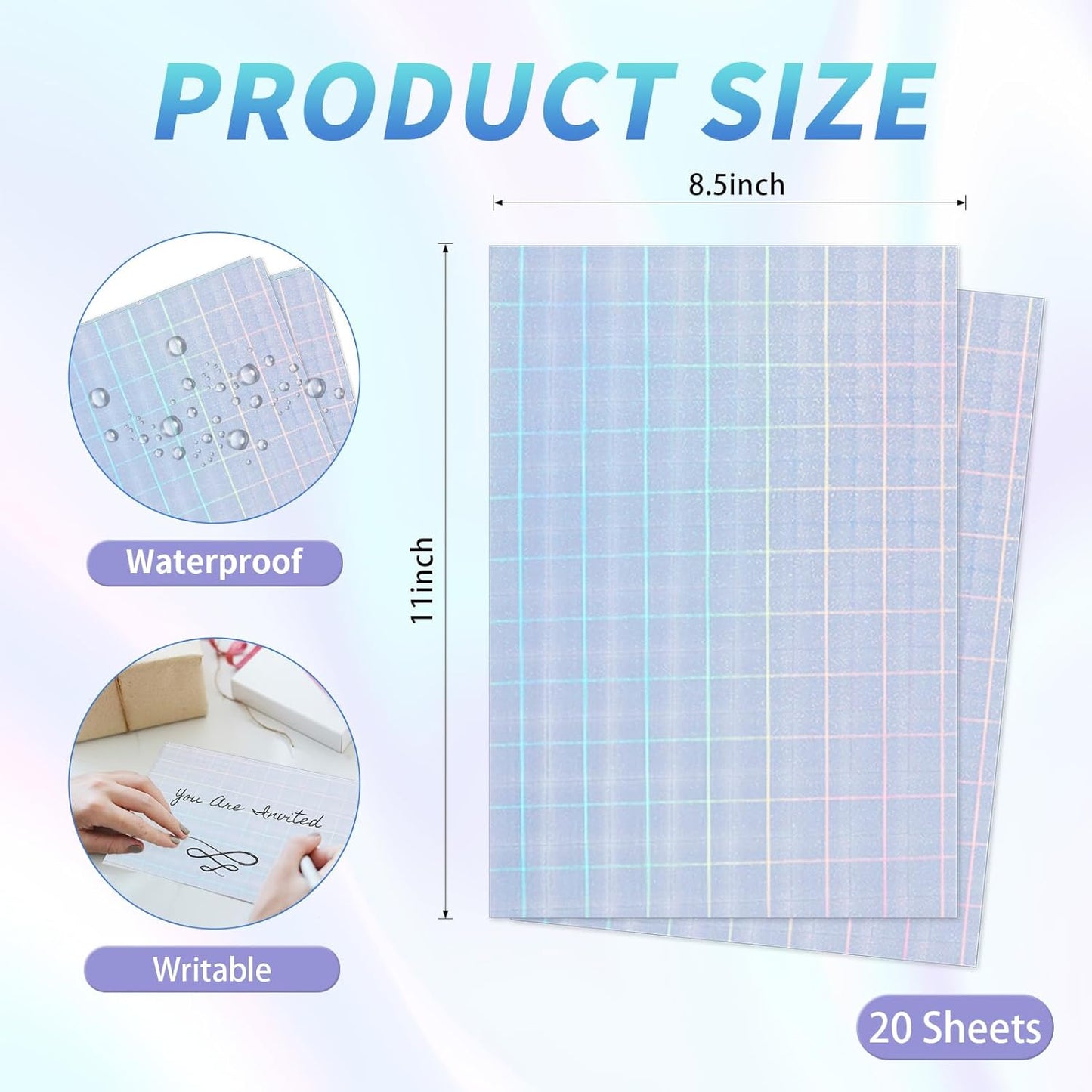 20 Sheets Printable Holographic Sticker Paper,11 x 8.5 Inches Printable Waterproof Paper Rainbow Vinyl Sticker Paper for Inkjet or Laser Printer（Laser square）