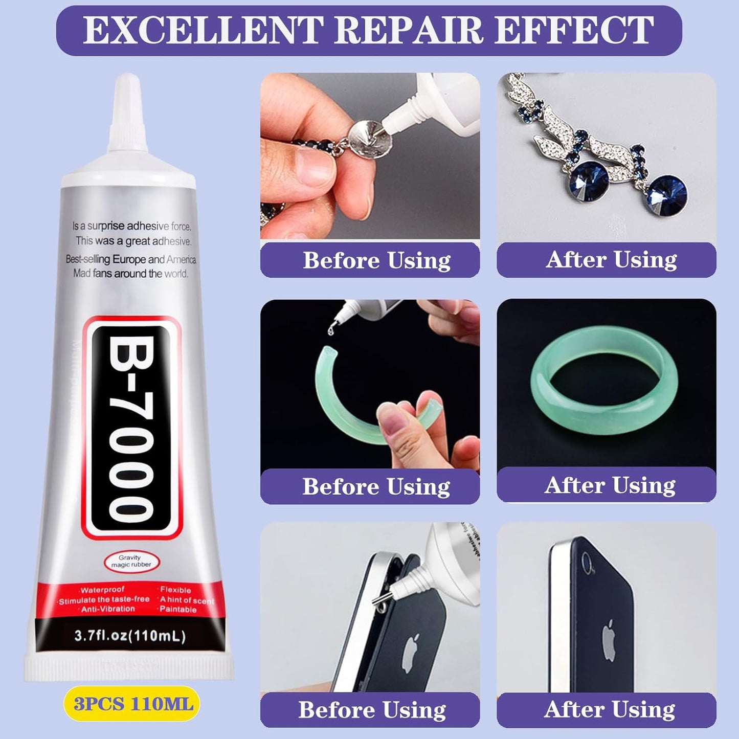 3.7oz B7000 Rhinestone Clear Glue for Jewelry Making, 110 ml Multipurpose Adhesive Jewlery Glue for Fabric, Tumblers, Rhinestones DIY Crafts, Nail Art, Makeup, Shoes, Cell Phones, Tablet, Wood