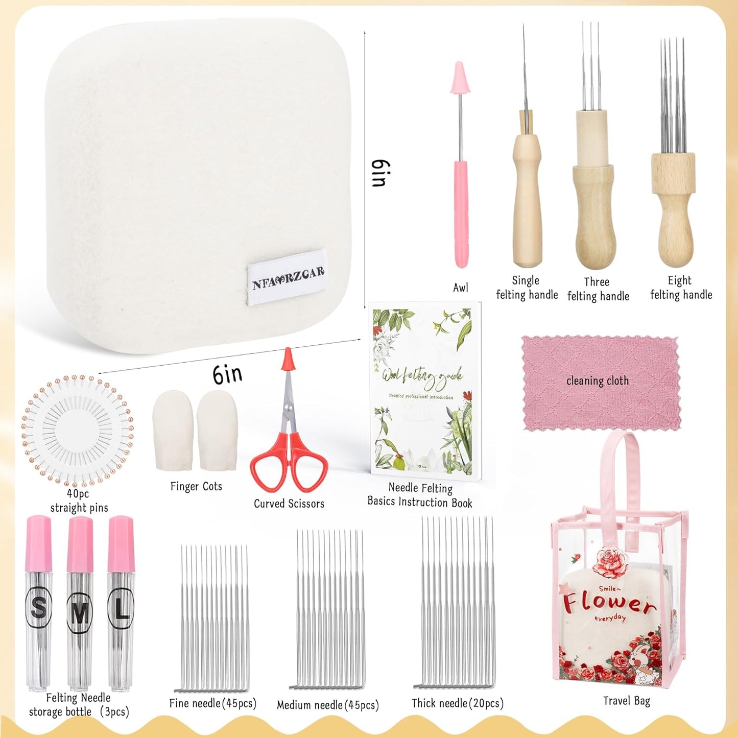 NFAMRZCAR Needle Felting Pad,Thick and Firm Needle Felting Mat Natural Wool Felting Mat with 110 Needle 3 Needle Wood Handles 1 Clean Cloth,Clear Instruction (New 6 * 6inch)