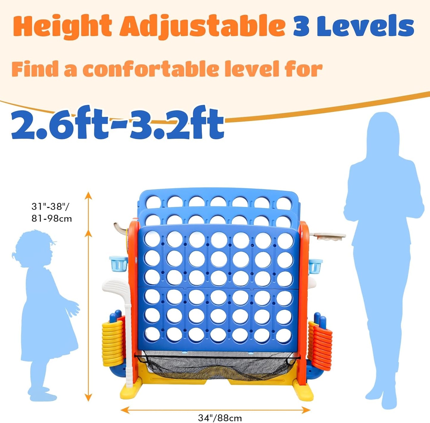 Ancaixin Giant 4 in-A-Row Connect Game Set, Adjustable Height Jumbo Yard Game with Basketball Hoop, Golf, Mesh Pocket & Ring Toss, Indoor Outdoor Family Backyard Party Game for Kids and Adults, Blue