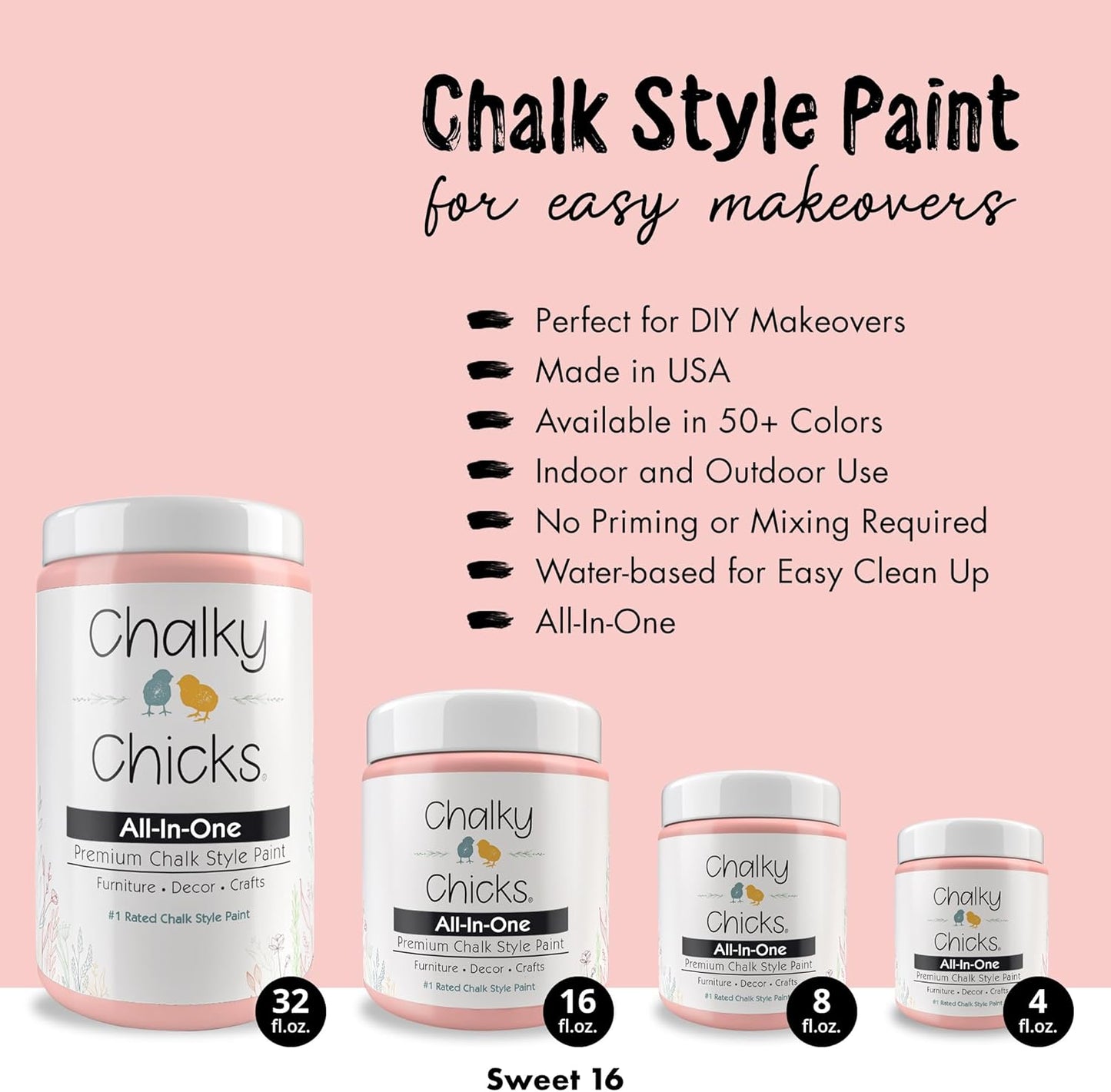 Chalky Chicks All-in-One Chalk Paint for Furniture or Cabinet - 8 Fl Oz - Matte Finish Sweet 16 (Pink) for Metal, Wood Furniture Paint - No Sanding All-in-One for Home Decor & Crafts, USA Made