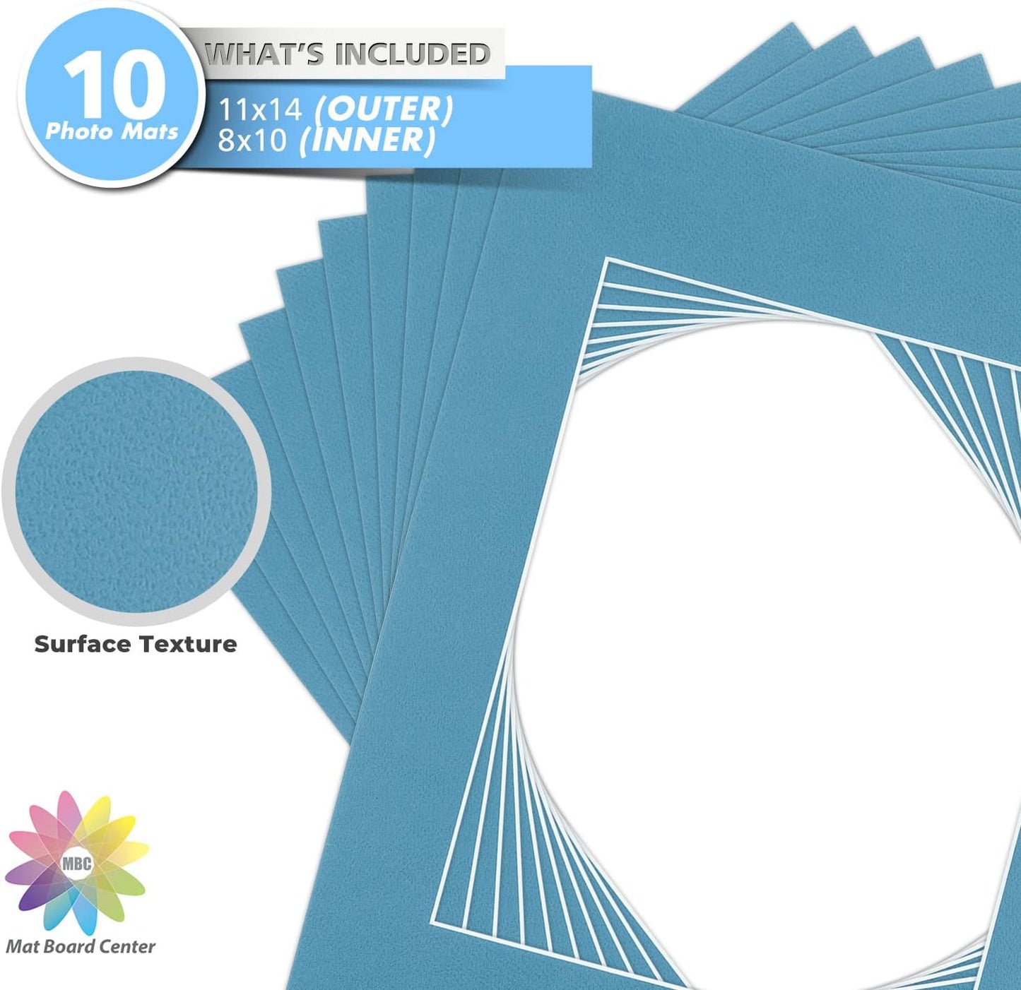 Mat Board Center, Pack of 10, 11x14 for 8x10 Dynamic Blue Color Mats - Acid Free, 4-ply Thickness, White Core - for Pictures, Photos, Framing