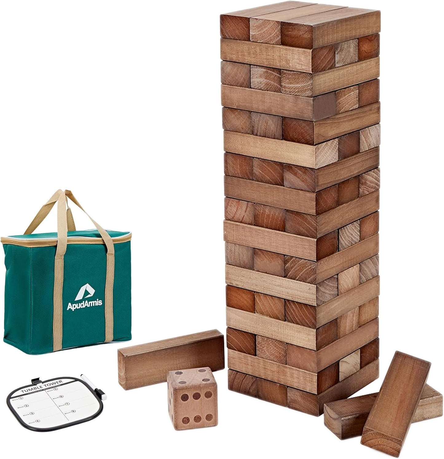 ApudArmis Giant Tumble Tower Stack to Over 5Ft, 60 PCS Pine Wooden Stacking Timber Game with 1 Dice Set - Classic Block Giant Game (7.48 * 2.48 * 1.5 in Each Block, Brown)
