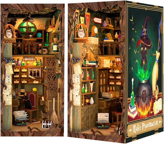 Fsolis Book Nook Kit, DIY Miniature House Kit 3D Wooden Puzzle Craft Kit for Adults Decorative Bookend Bookshelf Decor Gifts for Women Teens Book Lovers(Magic Pharmacist)