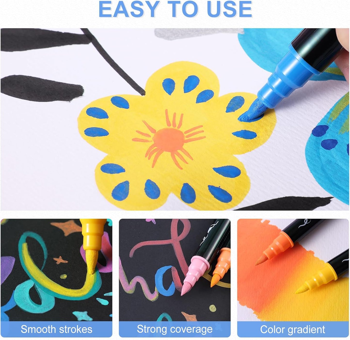 TOSAHRE Acrylic Paint Pens Markers 60 Colors Waterproof Dual Tip Acrylic Markers Set with Brush & Fine Tip Coloring Pens for Rock Painting Wood Scrapbook Fabric Glass Ceramic DIY Craft Art Supplies