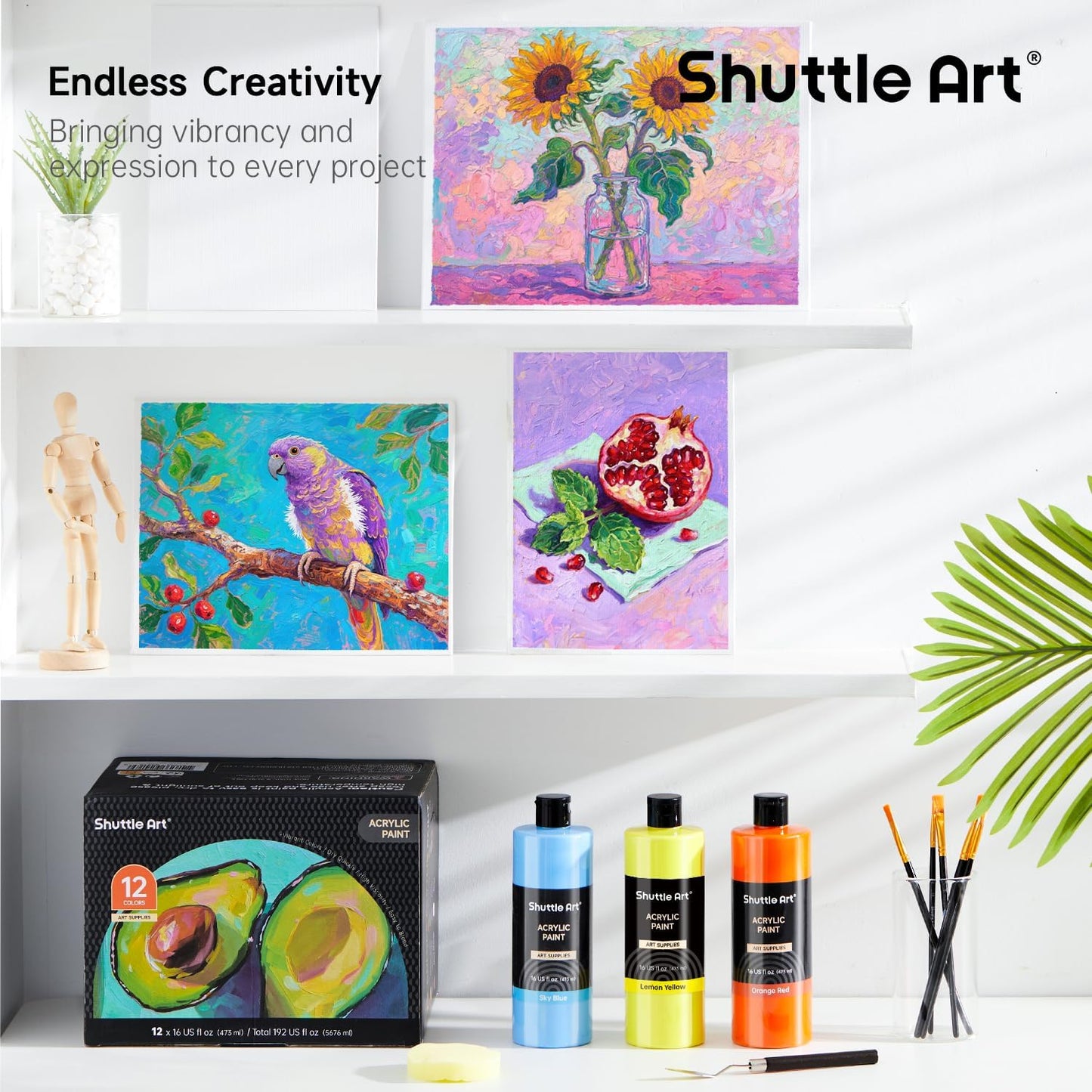 Shuttle Art Acrylic Paint, 12 Colors Acrylic Paint Large Bottle Set, 473ml/16oz Each, Rich Pigments, High Viscosity, Bulk for Artists, Beginners and Kids on Rocks Crafts Canvas Wood