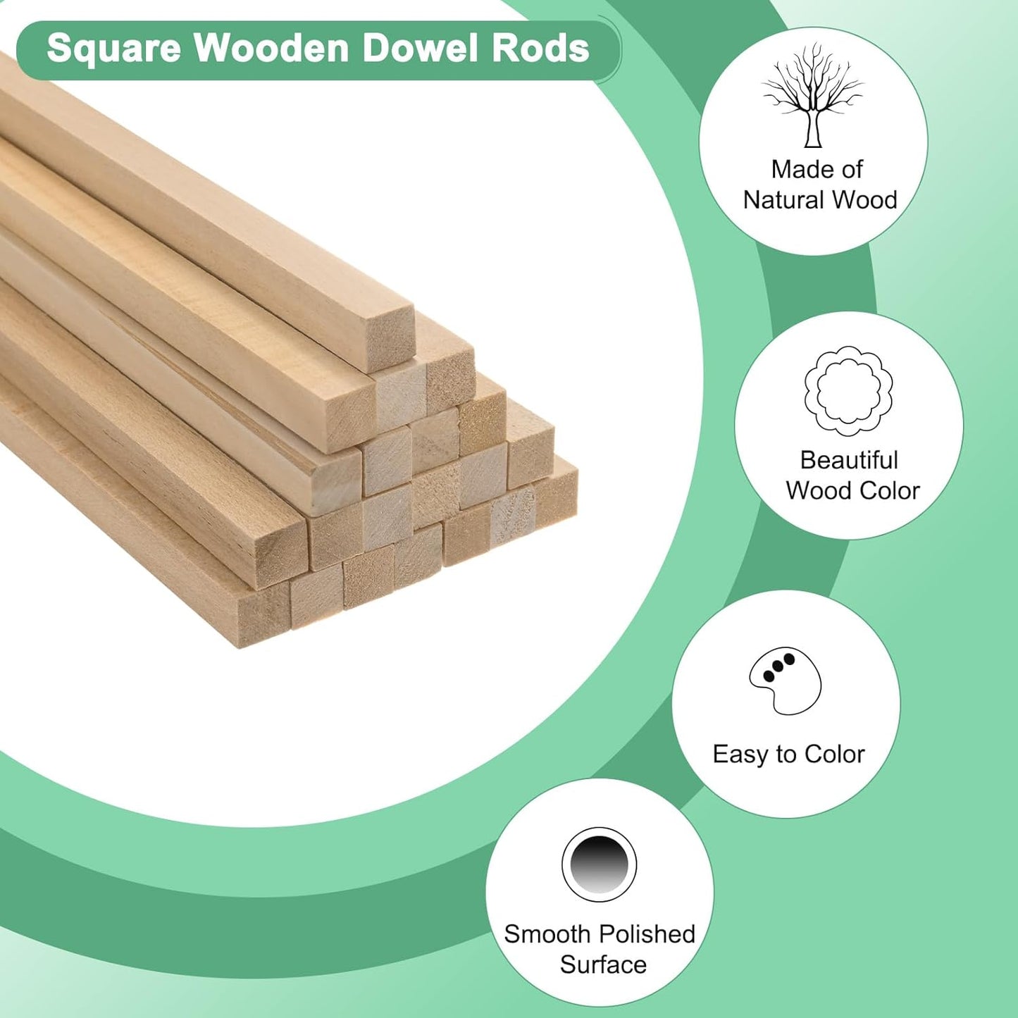 10-Pack Wood Square Dowel Rods, 25/64 x 10 Inch Unfinished Wooden Square Dowel Rod, Hardwood Square Dowel Sticks for Crafts/DIY Projects/Models Making [Wood Color]