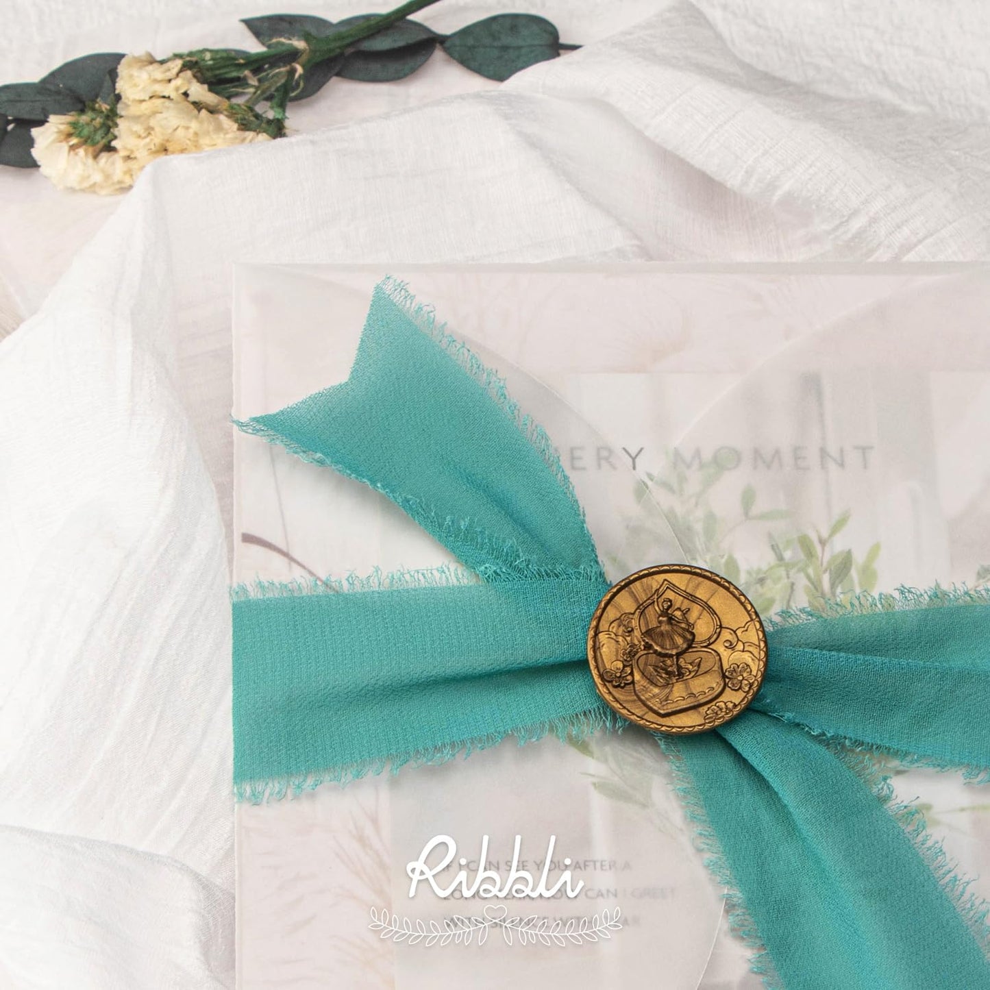 Ribbli Teal Chiffon Silk Ribbon - 1-1/2 inch x 20 Yard Handmade Fringe, Perfect for Weddings, Home Decor