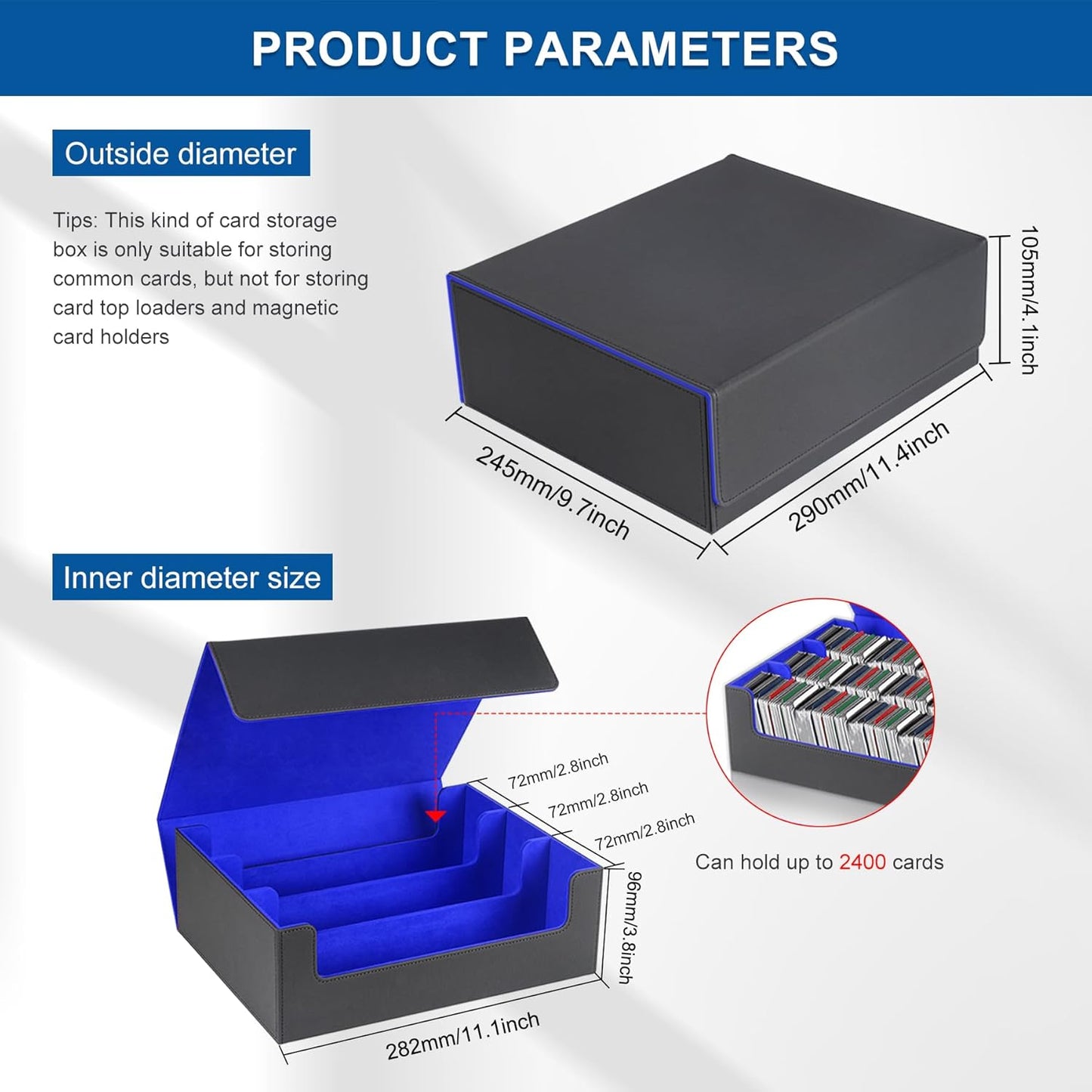 Card Storage Box for Trading Cards，2400+ Leather Magnetic Closure Commander Storage Box,Protectors Fit for YuGiOh, MTG and Sport Cards (Black, blue, 2400+)