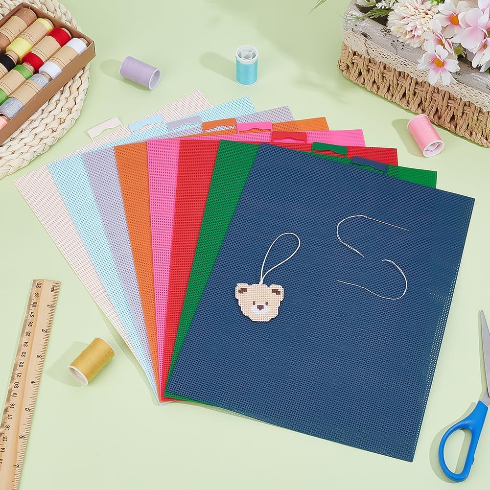 BENECREAT 8 Pcs 14 Count Plastic Canvas Sheets, 8 Colors Plastic Mesh Sheets, Eye Mesh for Embroidery Crafting, Cross Stitching, Knit Crochet Yarn Crafting, Rectangle, 8.3x11 Inch