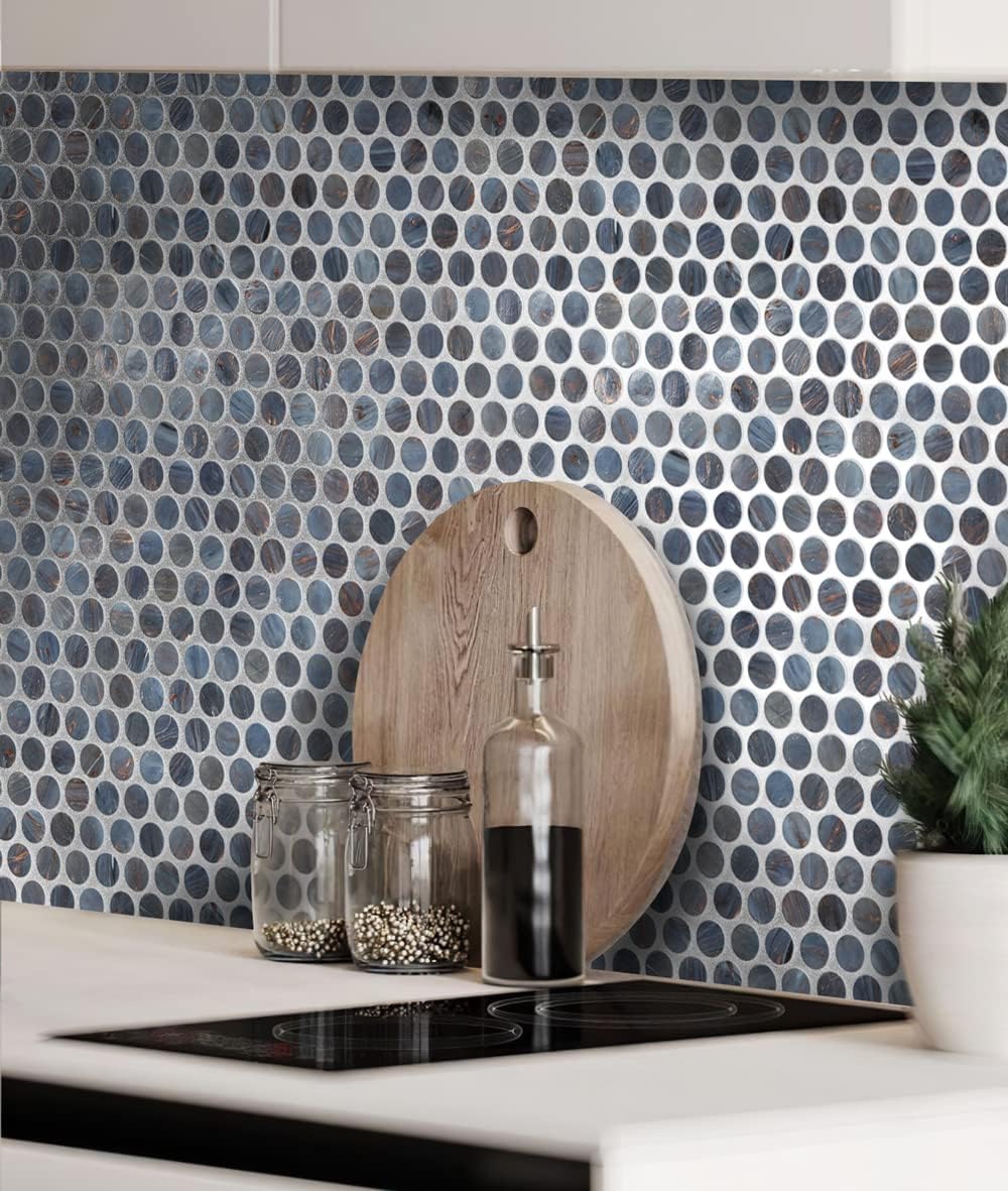 Denim Blue Penny Round Mosaic Glass Tile – 12.2 x 12.2 Inch - 10 Sheet Pack - Luxurious Design for Bathroom Walls, Kitchen Backsplash, Shower Walls - Elegant Wall Decor - NOT Peel and Stick Tile
