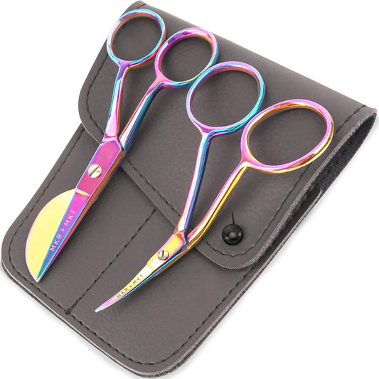 Small Embroidery 4.5 Inch Scissors Set of 2 Kit - Mini Double Bend Offset Duckbill and Double Bend Long Applique Needlepoint Blade with Pouch Sleeve (Rainbow)