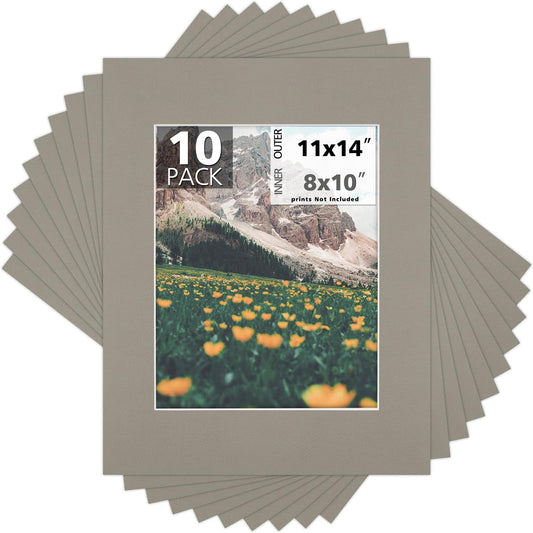 Mat Board Center, Pack of 10, 11x14 for 8x10 Middle Gray Color Mats - Bevel Cut, Acid Free, 4-ply Thickness, White Core - for Pictures, Photos, Framing