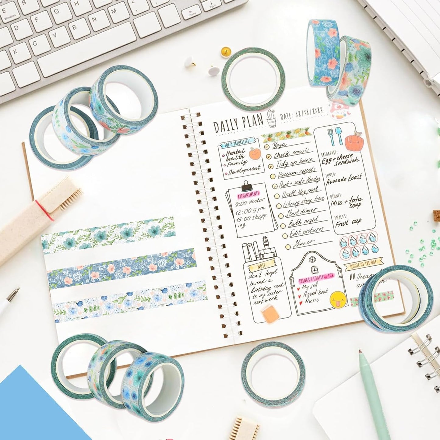 12 Rolls Floral Washi Tape, Blue Rose Flower Masking Tape, Vintage Blue Pink Floral Decorative Tapes for DIY Craft Scrapbook Journals Envelope Thanksgiving Christmas Party Decor Gift Wrapping 16.4FT