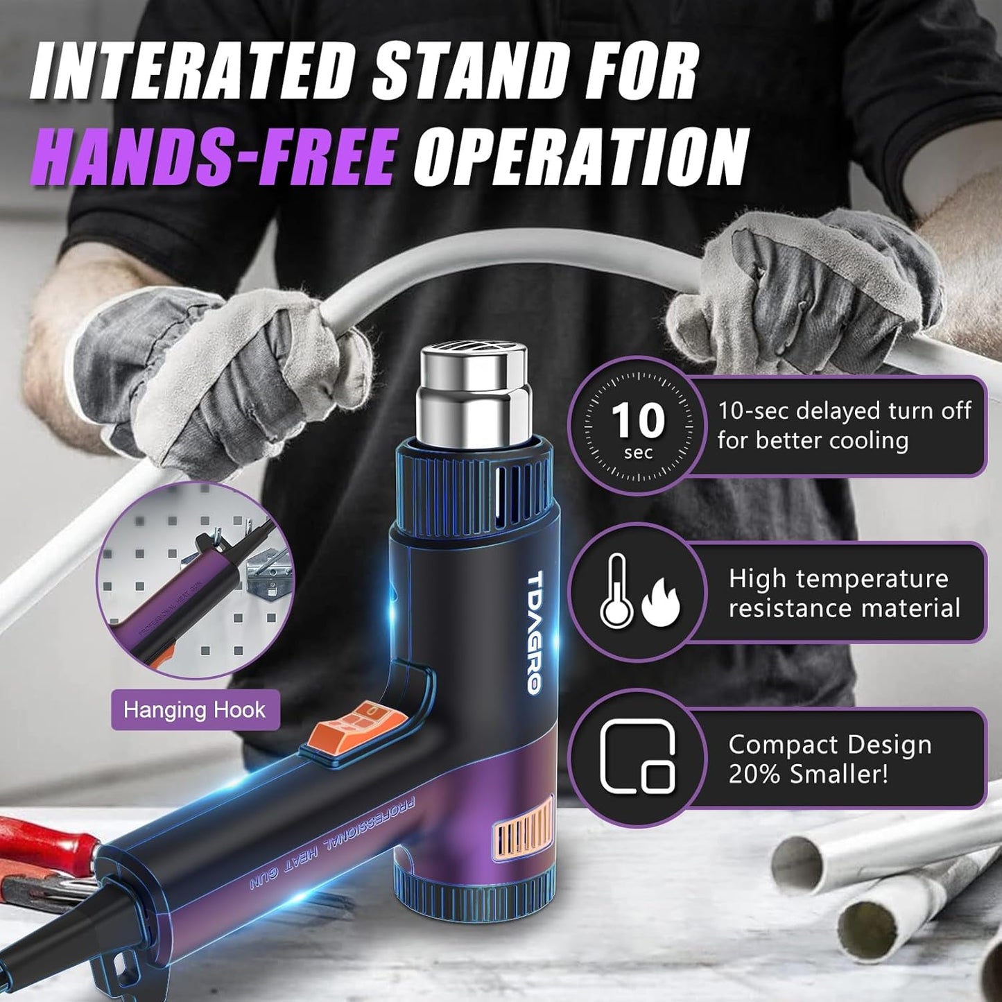 A Nice Heat Gun, Compact but Powerful, Variable Temp Control 122℉~1202℉, Fast Heating Smaller Heat Gun for Crafting, Shrink Tubing,Shrink Wrap,Vinyl Wrap, Intergrated Holder for Hands Free & Hanging