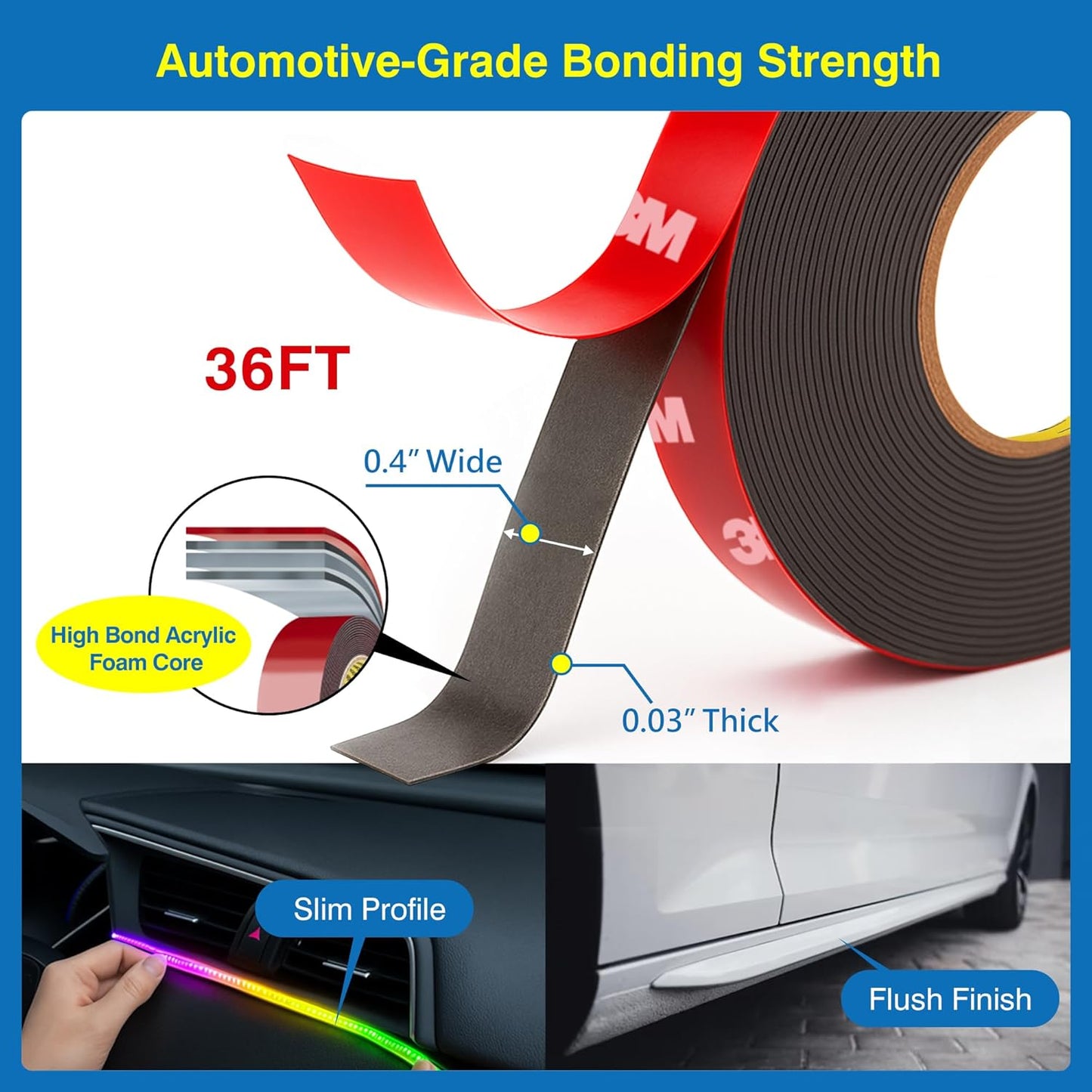 Tapsi Heavy Duty Double Sided Foam Mounting Tape – 0.4" x 36 FT Automotive-Grade Tape with Adhesion Promoters for Plastic Surfaces (0.4" x 36 ft)