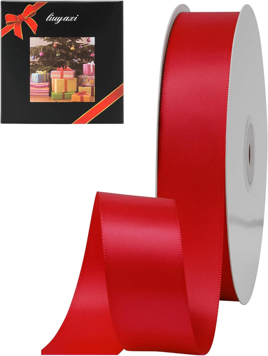 LIUYAXI Hot Red Double Faced Satin Ribbon, 1" X Continuous 50 Yards, Ribbons Perfect for Gift Wrapping Wedding Bouquet Decor DIY Craft Bow Making & Other Projects