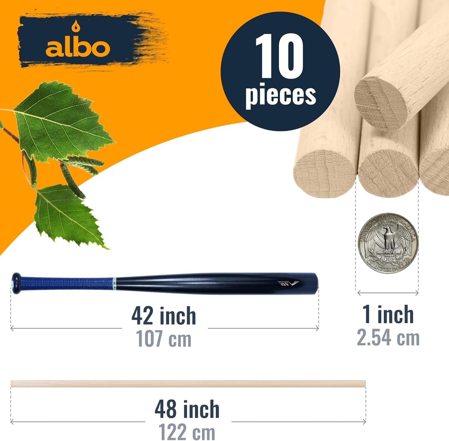 ALBO 1" x 48" Wooden Dowel Rods Set - 10 Pack Birch Natural Long Craft Sticks Rails Shelf Supports Garden Hardwood Smooth Finish Woodworking Material DIY Furniture Bulk Professional