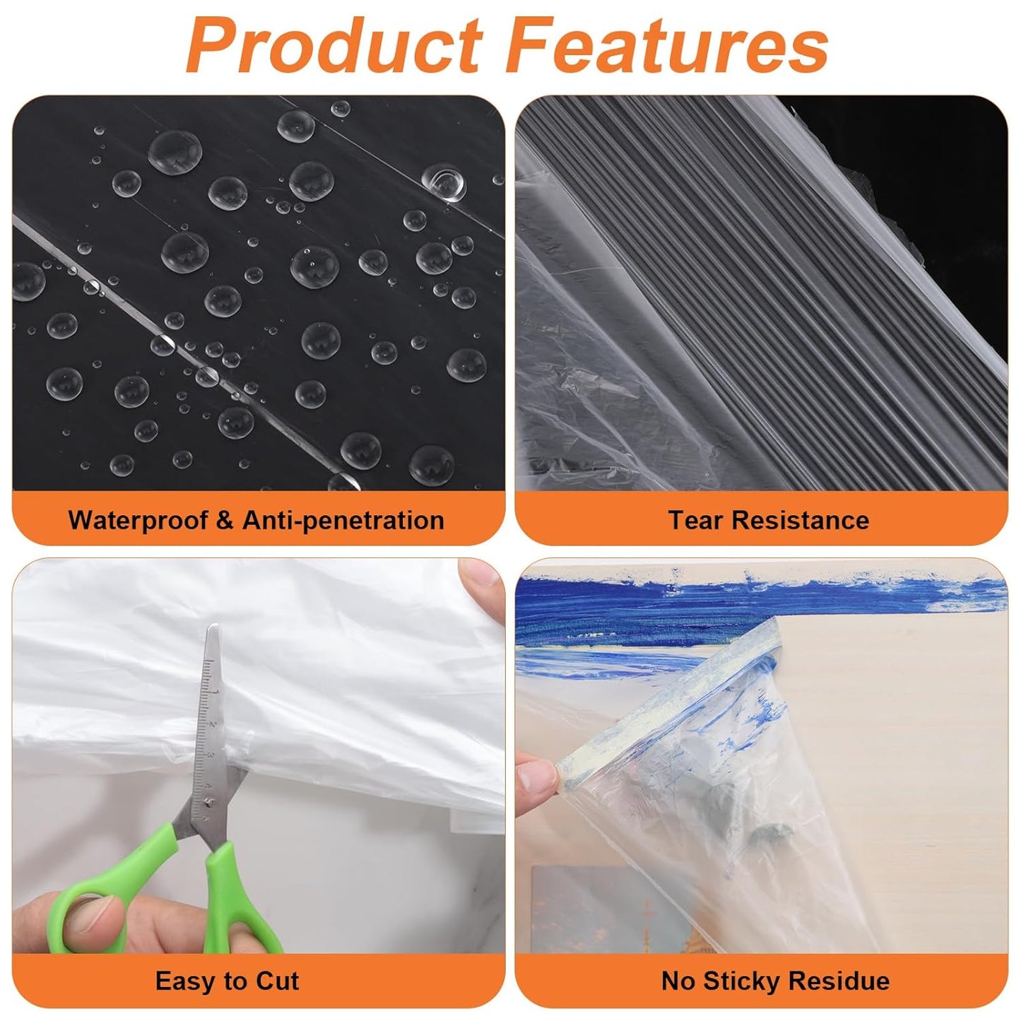 4 Rolls Painters Plastic with Tape, 8.9Ft x 89Ft Pre-Taped Masking Paper for Painting Automotive Masking Film Paint Adhesive Protective Film Roll for Painting Covering Walls Windows Auto Body