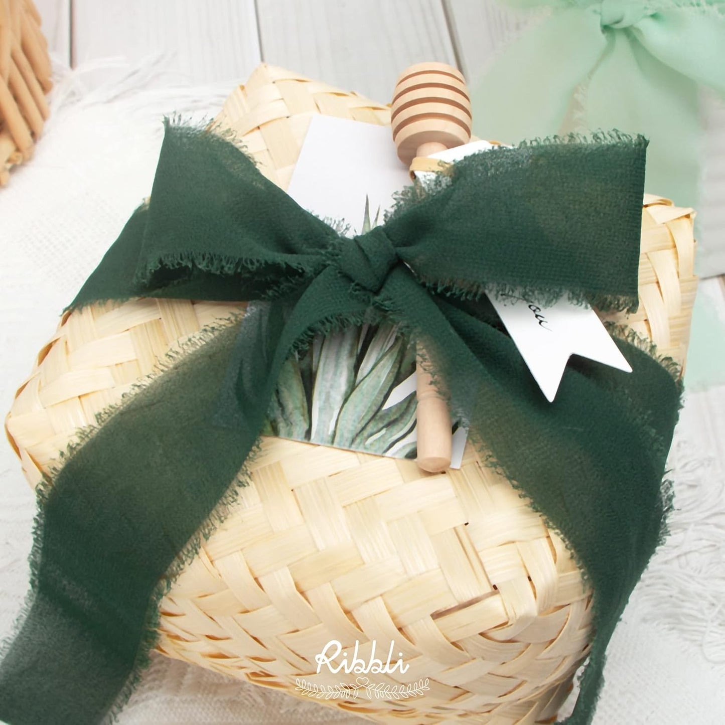 Ribbli Forest Green Chiffon Ribbon 1-1/2 inch x 20 Yard Handmade Fringe Chiffon Silk Ribbon,Black Ribbon for Wedding Invitations, Bridal Bouquets Wrapping, Flower Arrangement Decoration