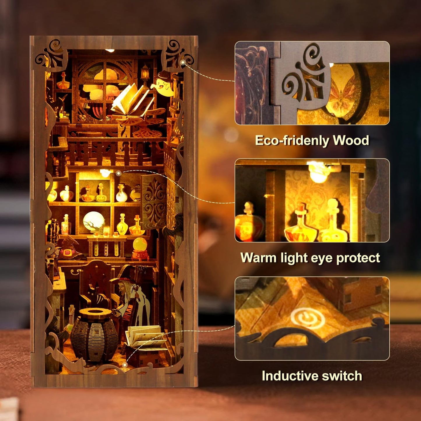 Book Nook Kit for Adult - THRIVINGIVAN Miniature Model Build Dollhouse Kit 3D Wooden Puzzle with Sensor Led Light for Bookshelf Bookend Insert Decor Adults Teen Crafts(Magic Bookstore)