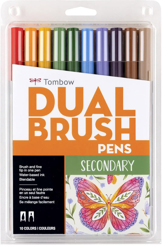 Tombow 56168 Dual Brush Pen Art Markers, Secondary, 10-Pack. Blendable, Brush and Fine Tip Markers