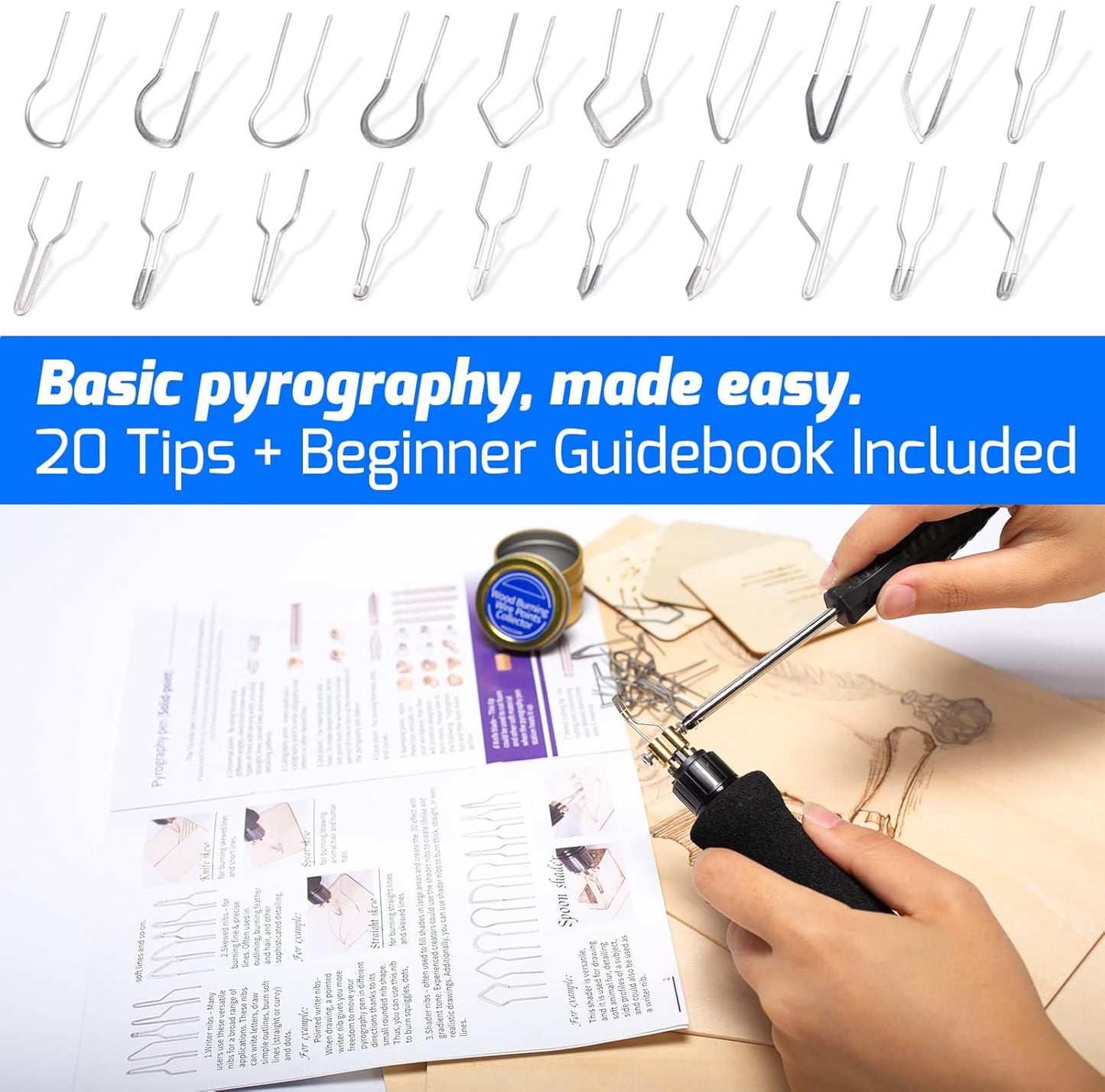 WEP 939D-VI Dual Pen Wood Burning Kit 250-750℃/482-1382℉ A/B Toggle Wood Burning Tool with 2 Detachable Pens, 20 Wood burner Tips, Dual-Barrel Holder. Suitable for Pyrography, Leather Burning Kit