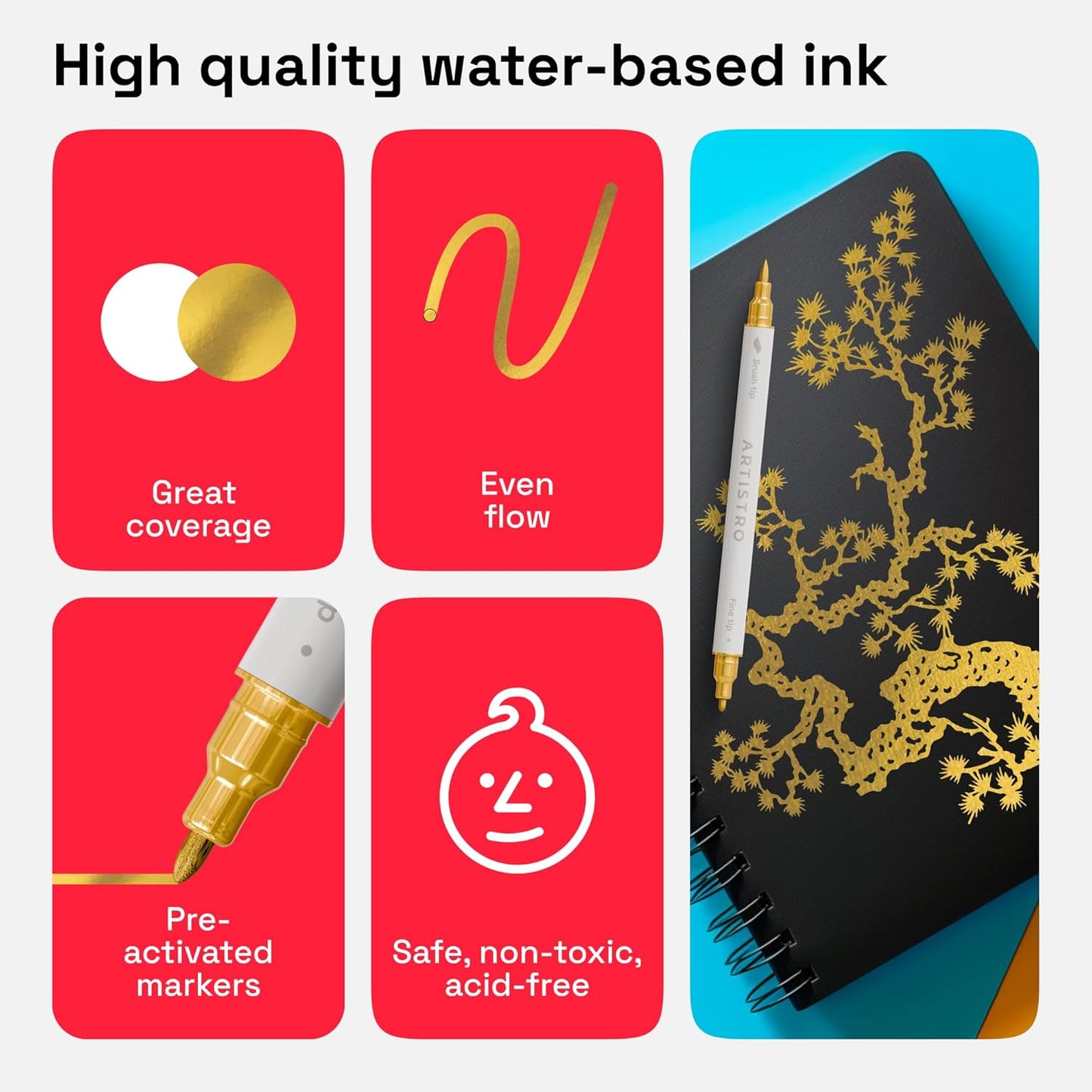 ARTISTRO 2 Gold Dual-Tip Acrylic Paint Pens - Multisurface Metallic Markers for Glass, Rock, Fabric, Wood, Plastic & More - 1 mm Fine & Brush Tips