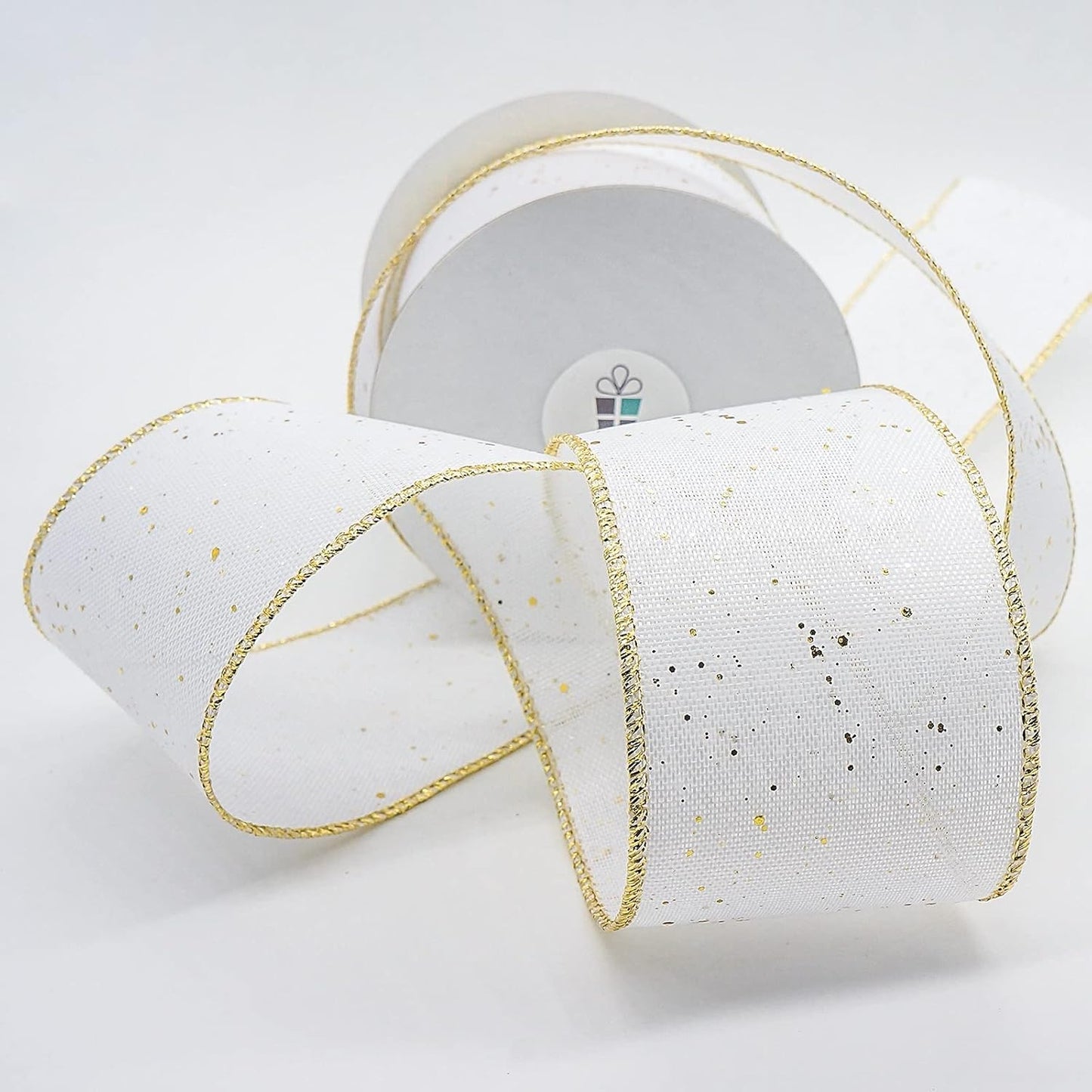 CT CRAFT LLC Whtie Burlap Fabric Confetti Glitter Wired Ribbon 2.5" x 10 Yards White Color for Christmas Home Wedding Decor Gift Wrapping Tree Topper Bow Wreath Bouquet DIY Crafts