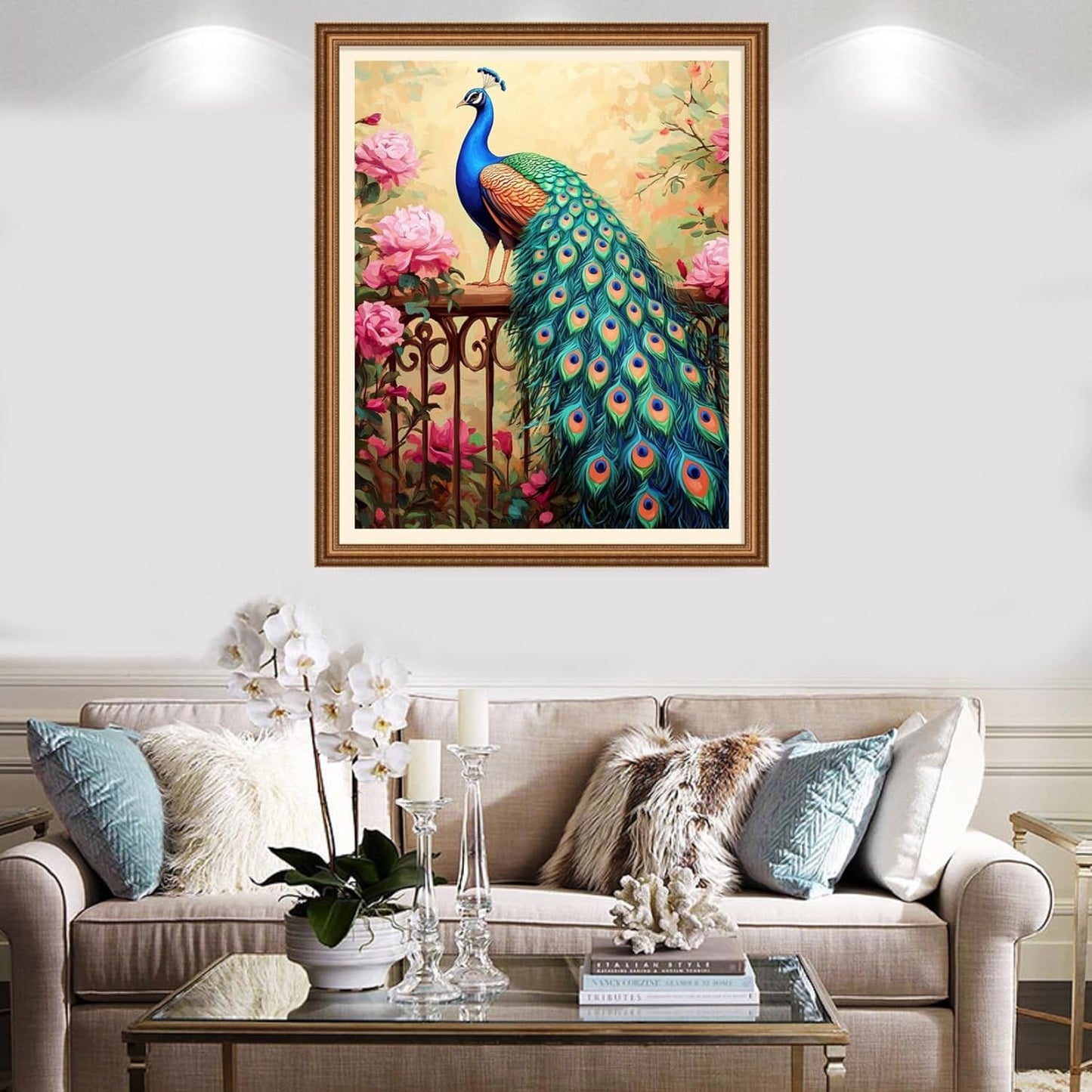 Redxing Stamped Cross Stitch Kits Full Range of Embroidery Starter Kits- Needlepoint Counted Cross Stitch Kits for Beginner Adults 11CT Printed Embroidery Kit-Peacock Flower Landscape 16x20 inch