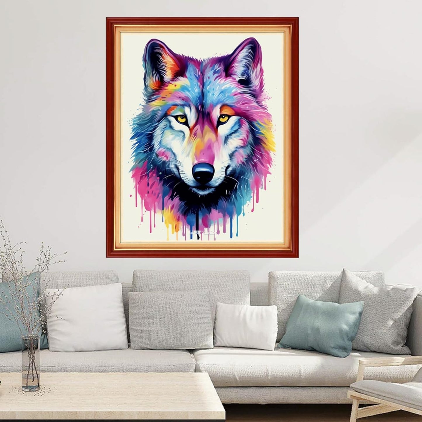 Joyhoor Cross Stitch Kits for Beginners Stamped Cross-Stitch Supplies Needlework preprint Embroidery Kits for Adults DIY Needlepoint Kits Embroidery Patterns 11CT-Rainbow Wolf 16x20 inchs