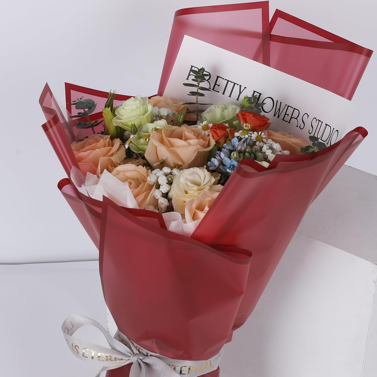 FUHITIM 20 Sheets Flower Wrapping Paper - Waterproof Floral Bouquet Packaging Paper for DIY Crafts，Florist Supplies Packaging Paper for Wedding Birthday Gift (Translucent Wine Red)